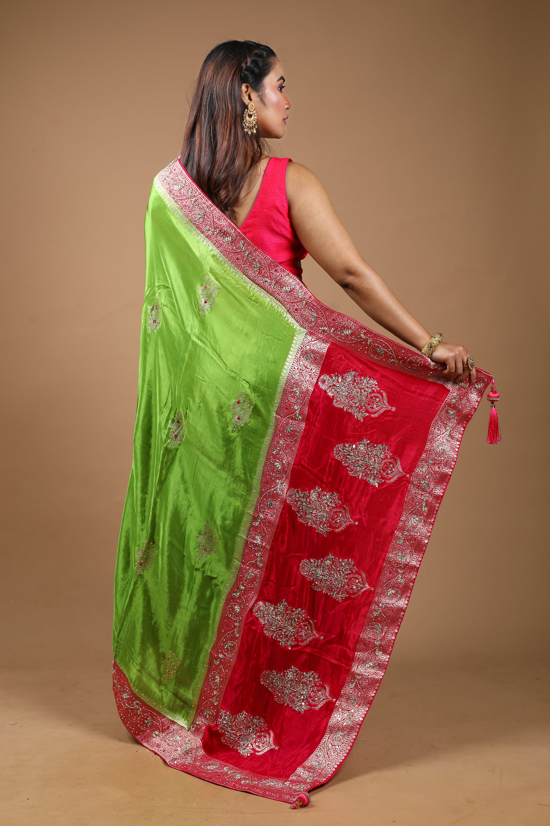 Designer Green Satin Silk Saree