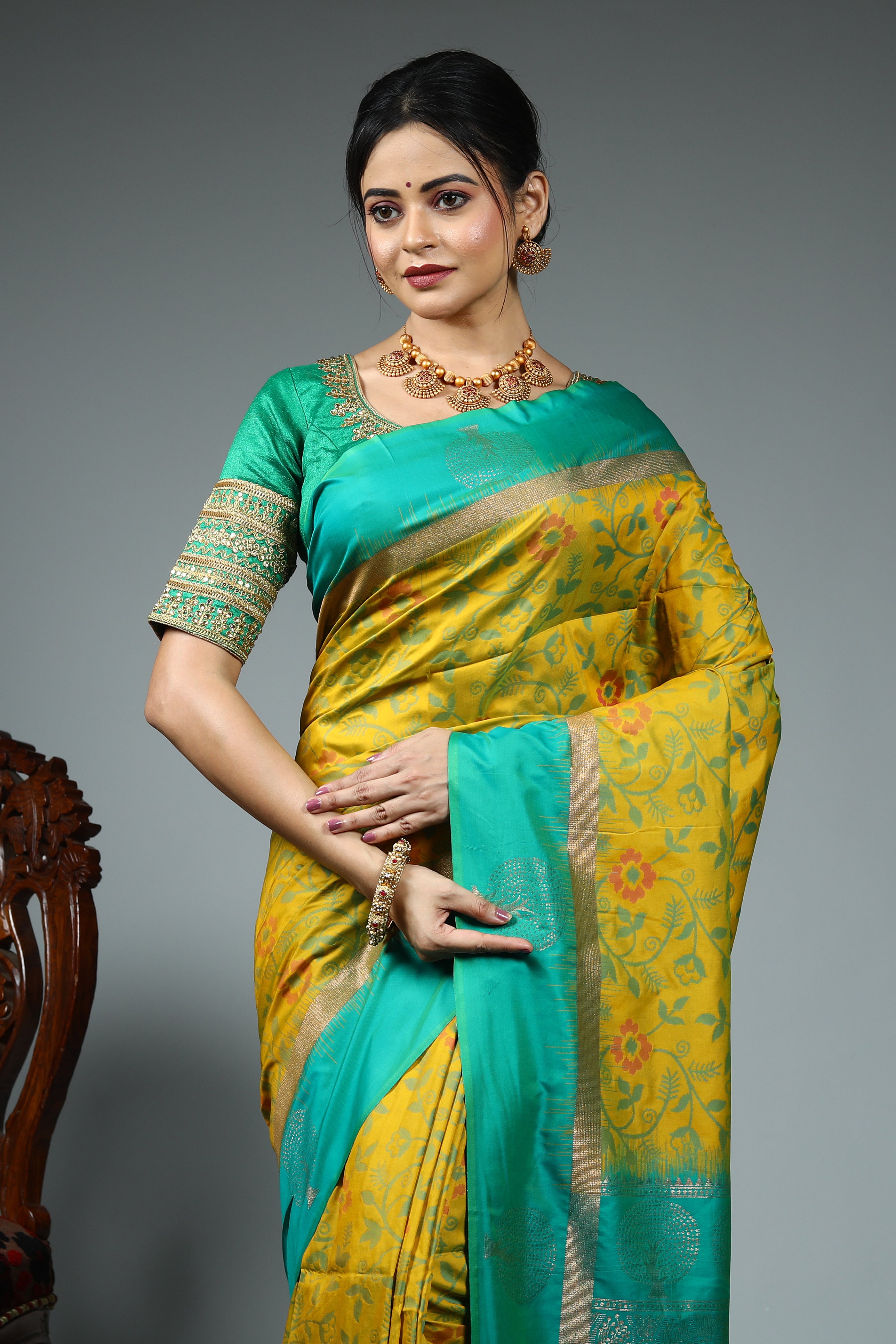 Designer Olive Green Blended Silk Saree