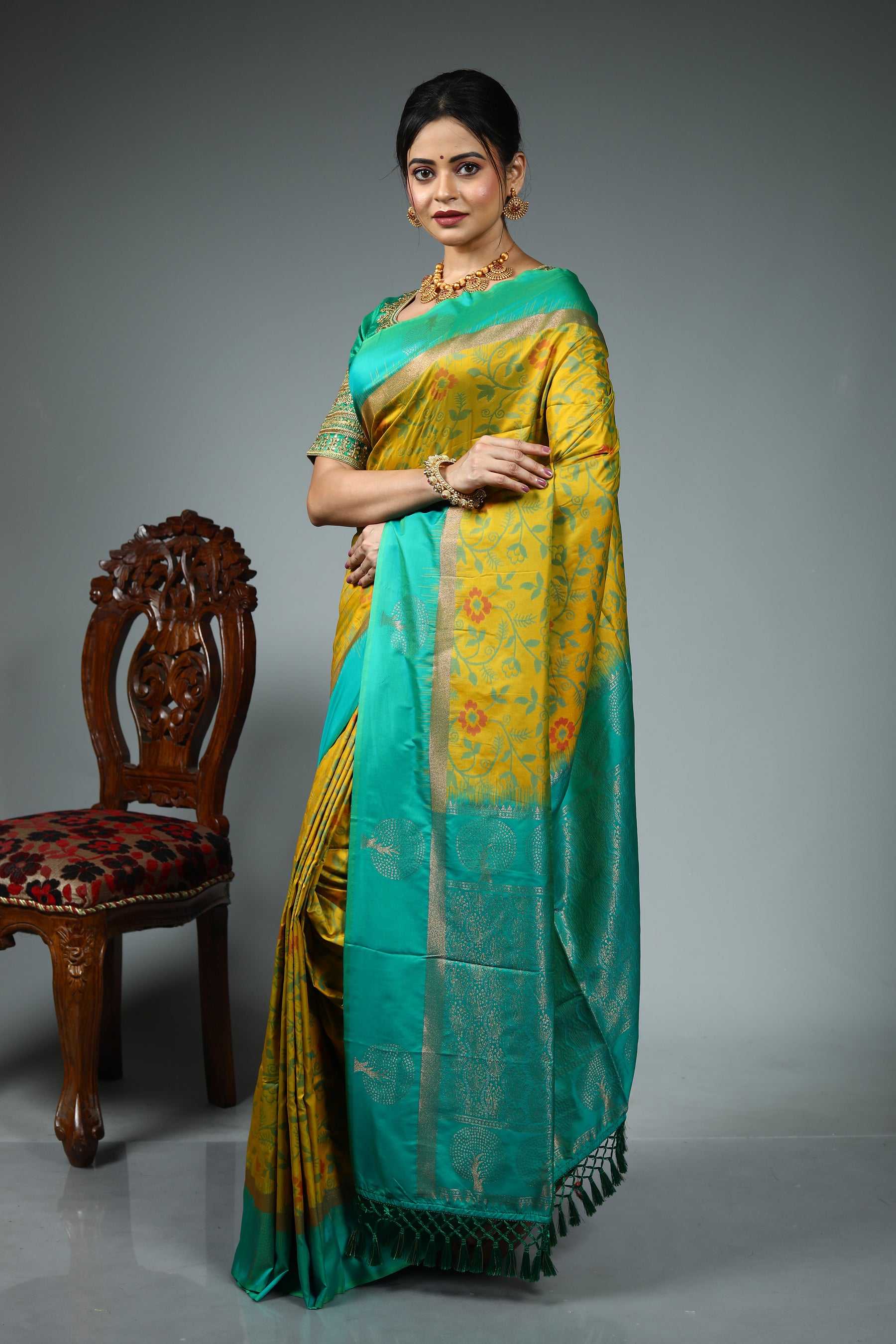 Designer Olive Green Blended Silk Saree