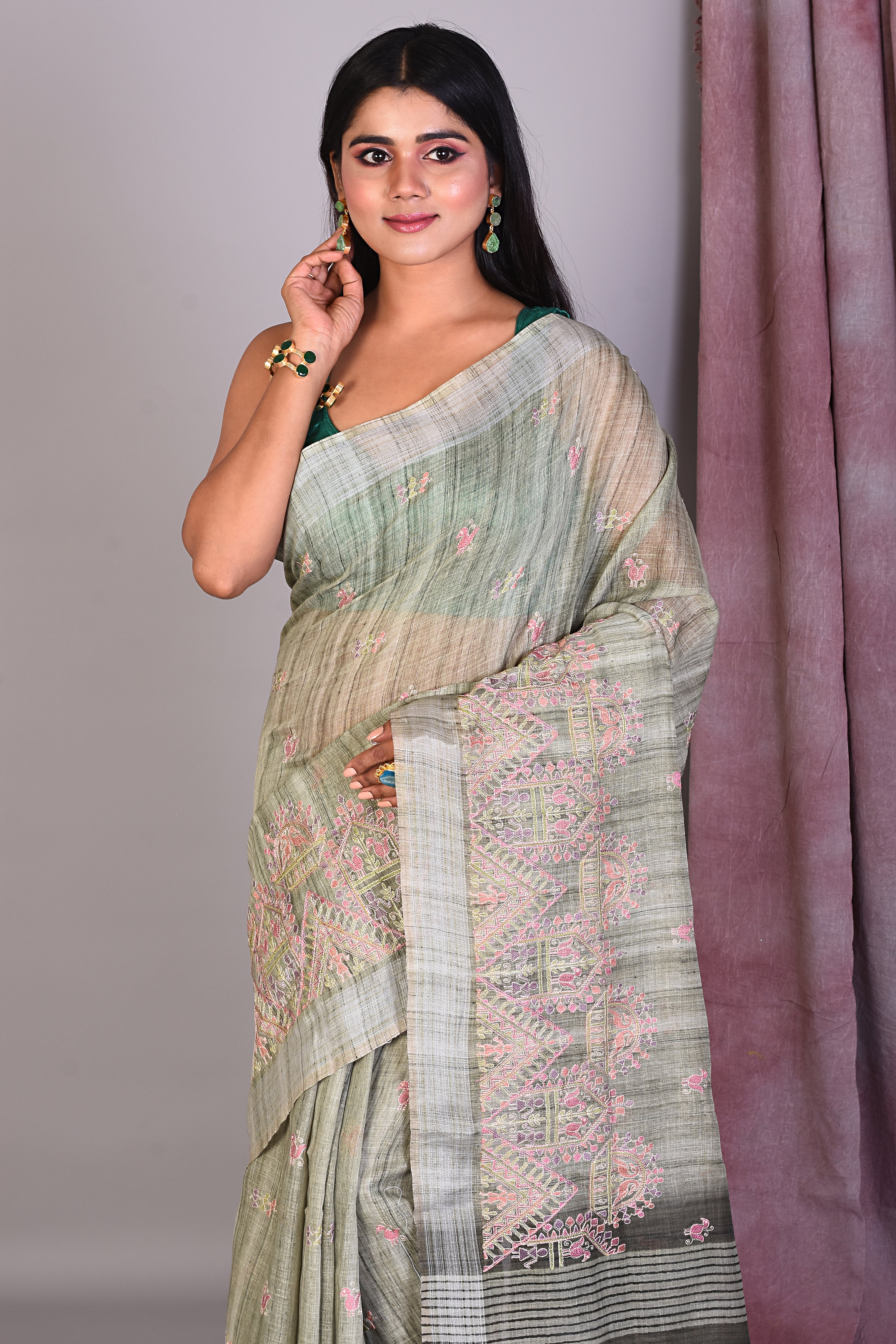 Olive Green Blended Organza Saree with Threadwork - Keya Seth Exclusive