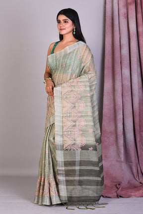 Olive Green Blended Organza Saree with Threadwork - Keya Seth Exclusive