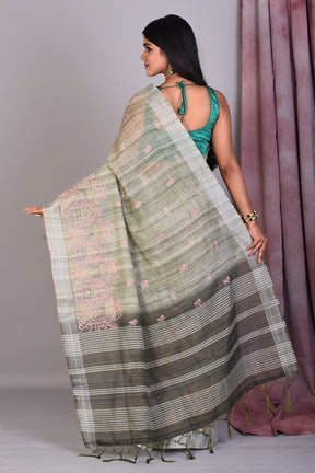 Olive Green Blended Organza Saree with Threadwork - Keya Seth Exclusive