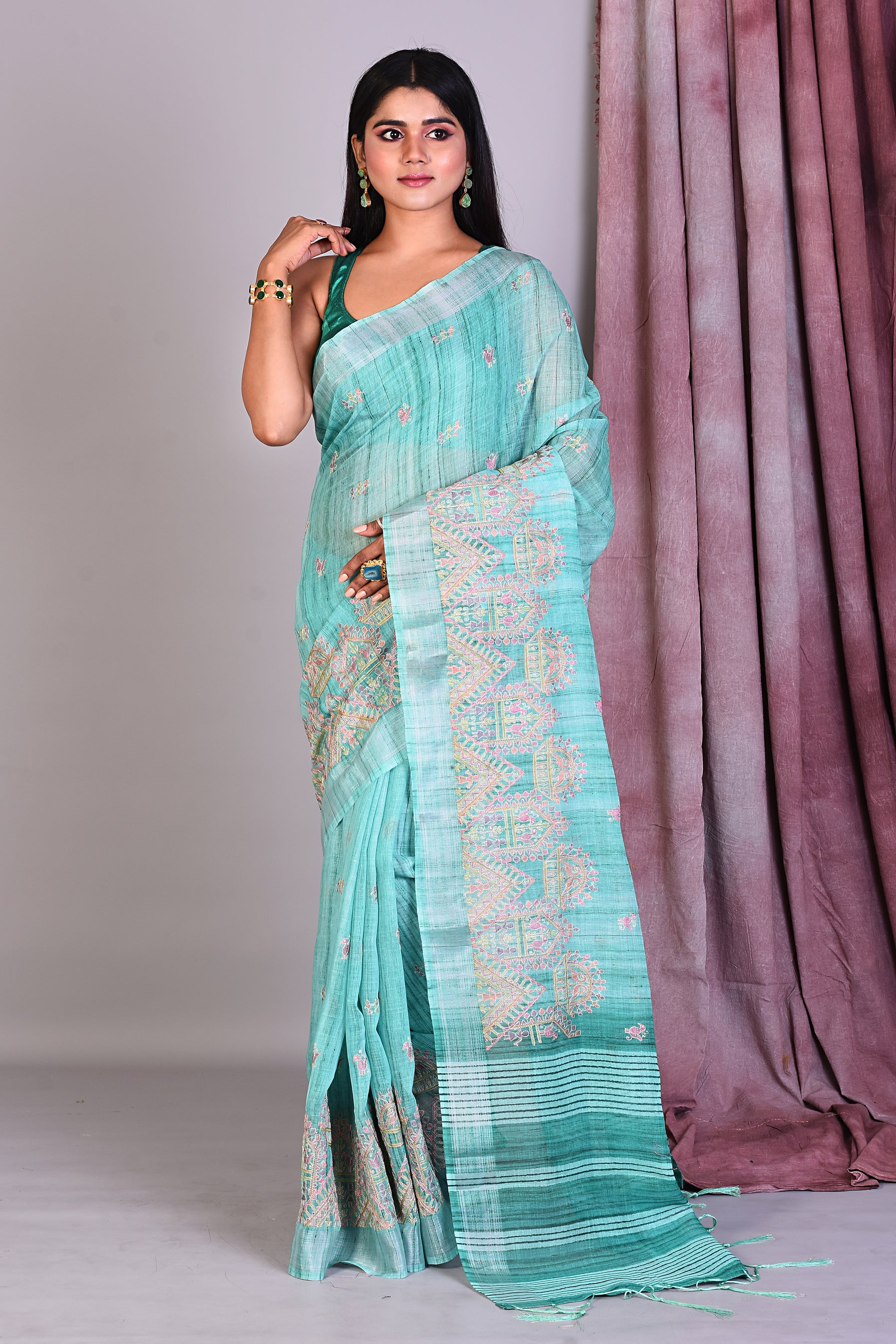 Rama Green Blended Organza Saree with Threadwork - Keya Seth Exclusive