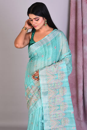 Rama Green Blended Organza Saree with Threadwork - Keya Seth Exclusive