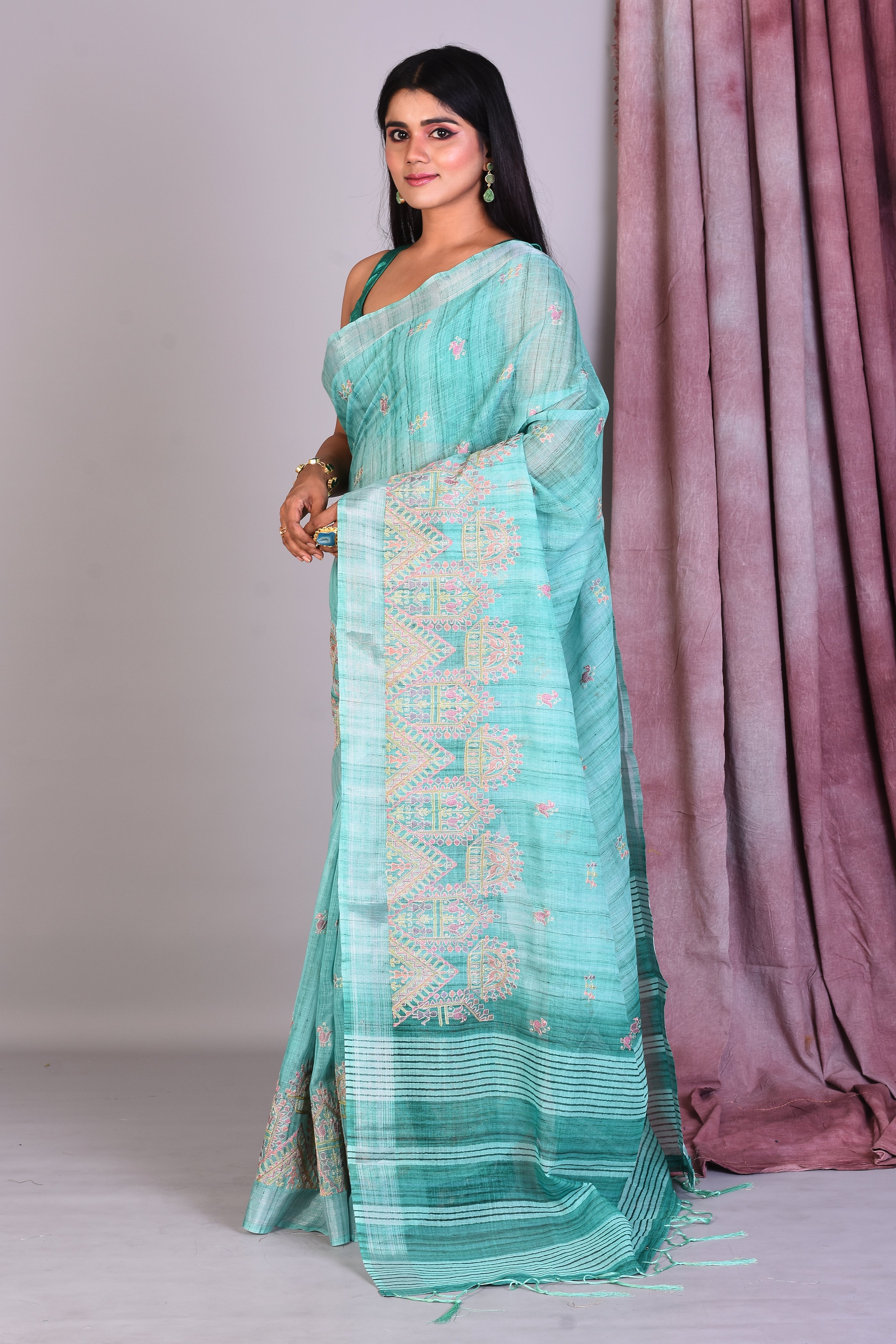 Rama Green Blended Organza Saree with Threadwork - Keya Seth Exclusive