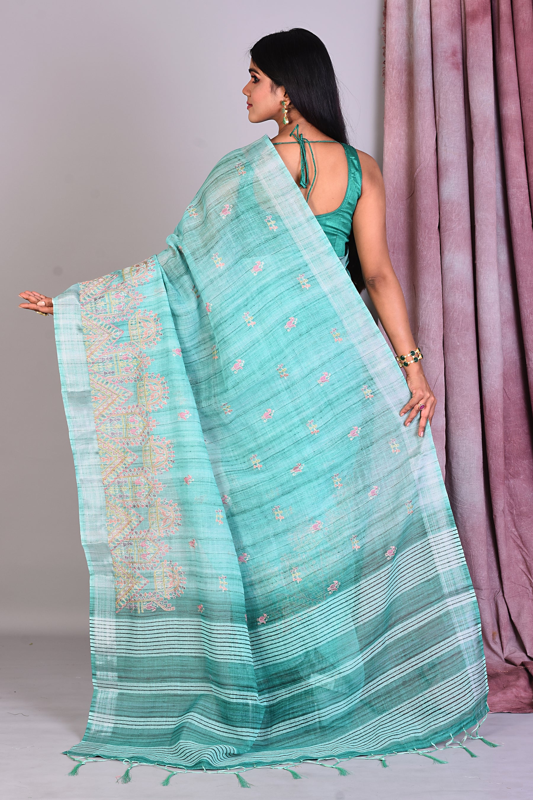 Rama Green Blended Organza Saree with Threadwork - Keya Seth Exclusive