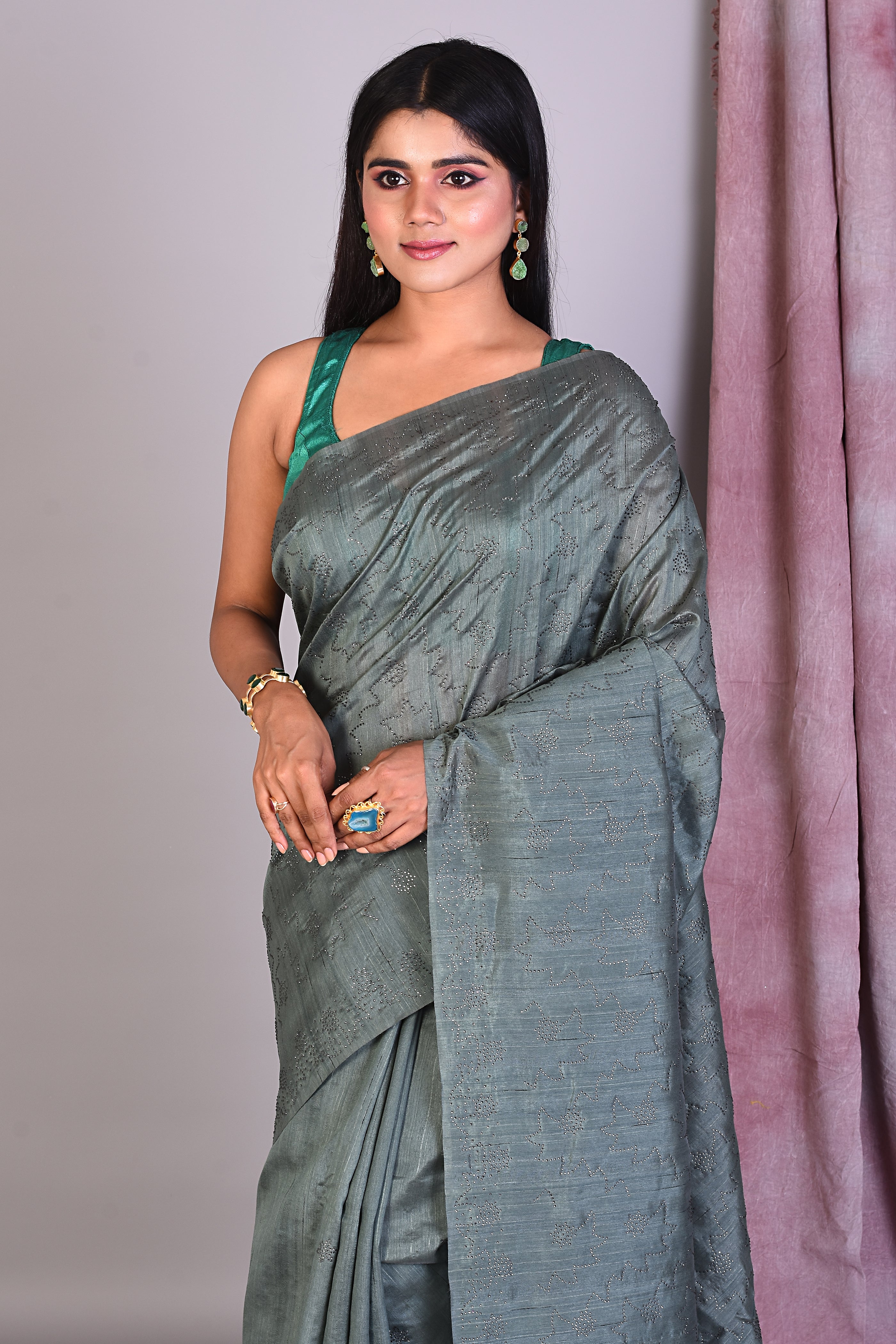 Dark Olive Green Blended Silk Saree with Sequence Work - Keya Seth Exclusive