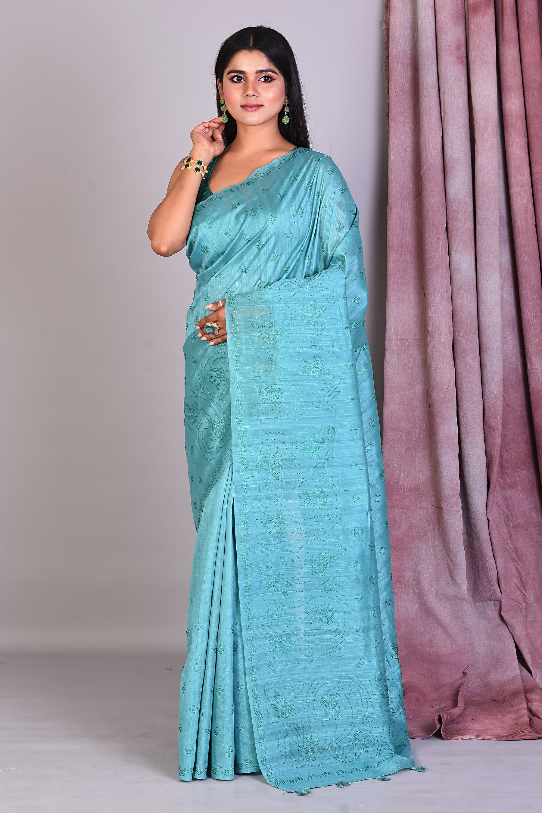 Light Blue Blended Silk Saree with Sequence Work - Keya Seth Exclusive