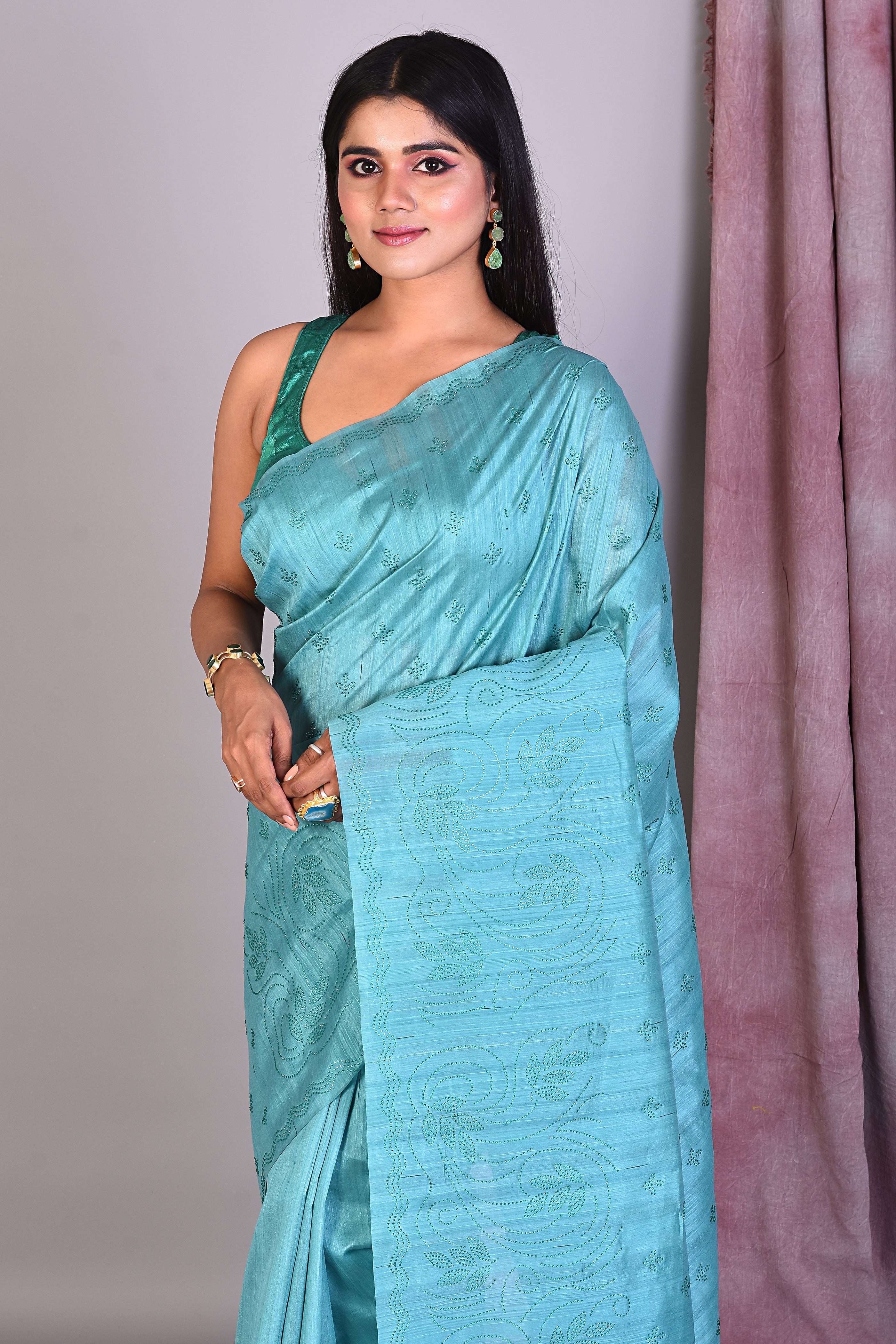 Light Blue Blended Silk Saree with Sequence Work - Keya Seth Exclusive