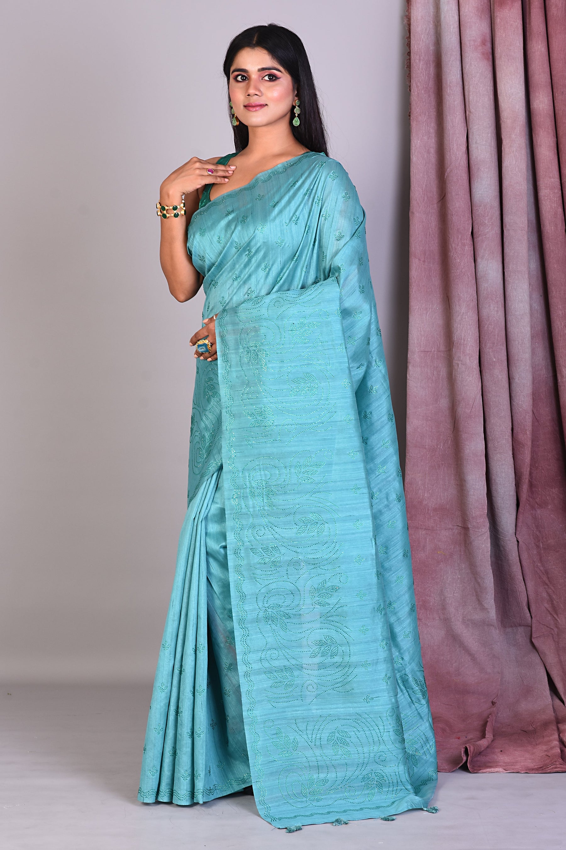 Light Blue Blended Silk Saree with Sequence Work - Keya Seth Exclusive