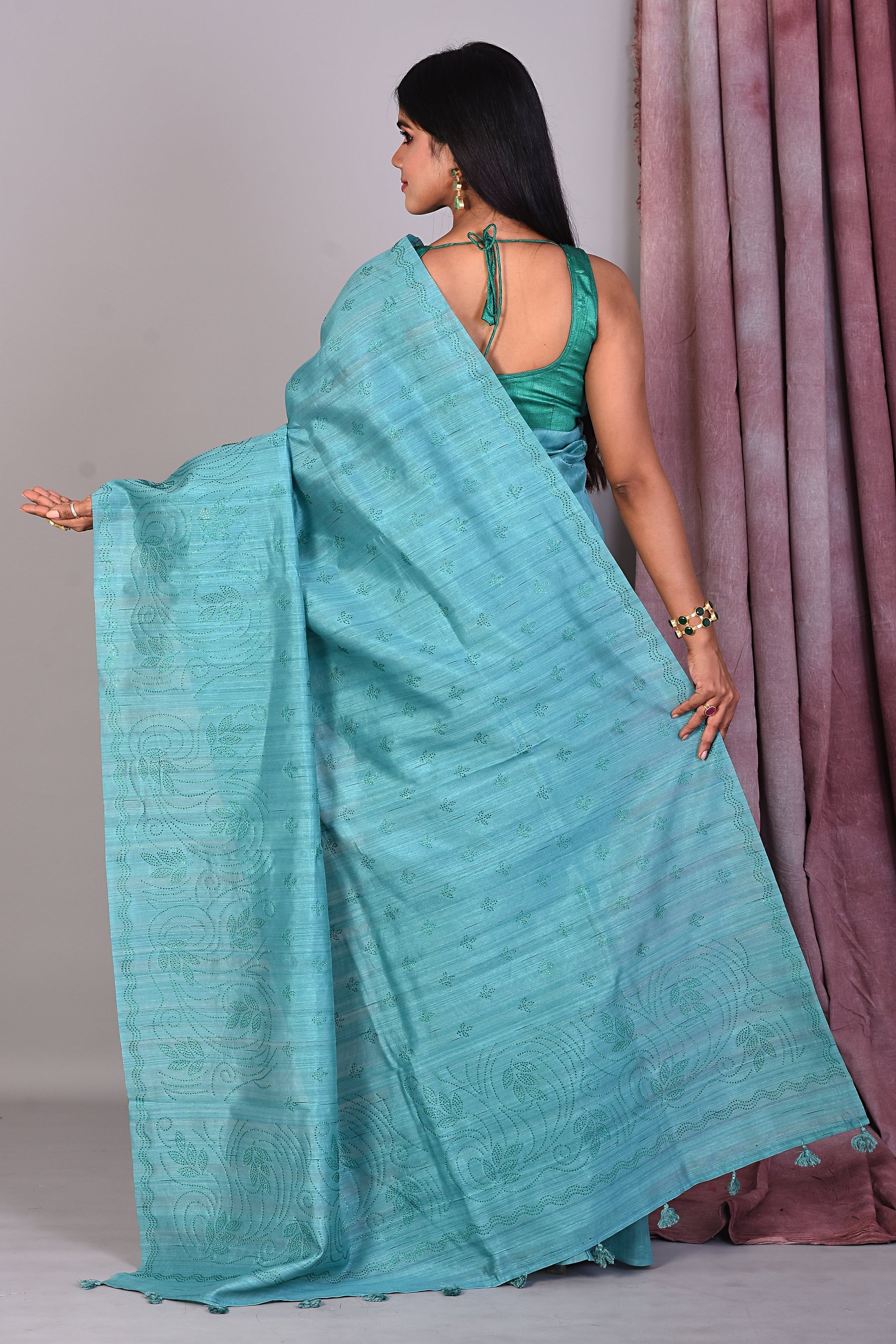 Light Blue Blended Silk Saree with Sequence Work - Keya Seth Exclusive