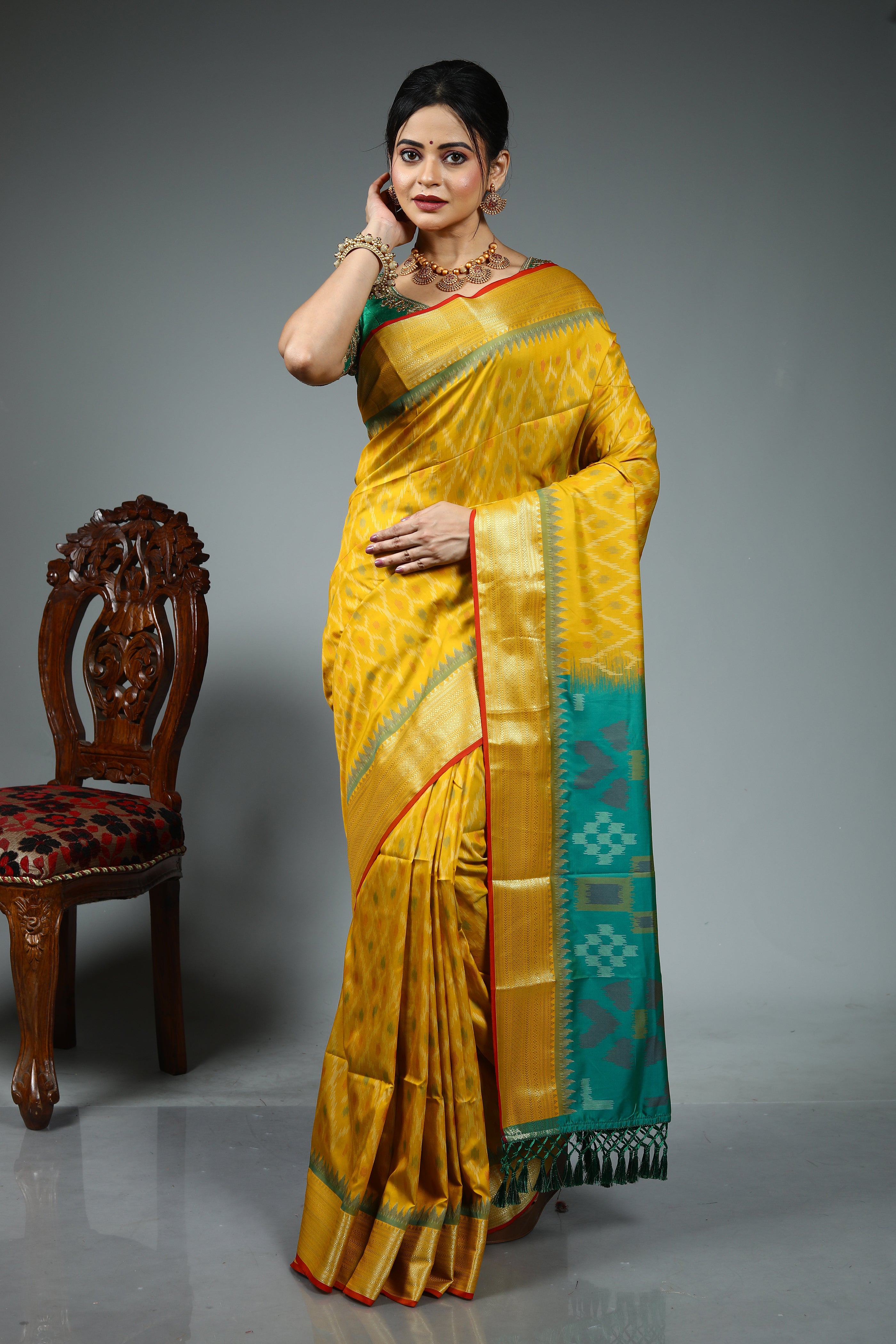 Yellow Blended Ikkat Silk Saree