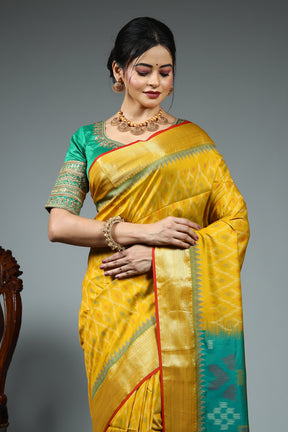 Yellow Blended Ikkat Silk Saree