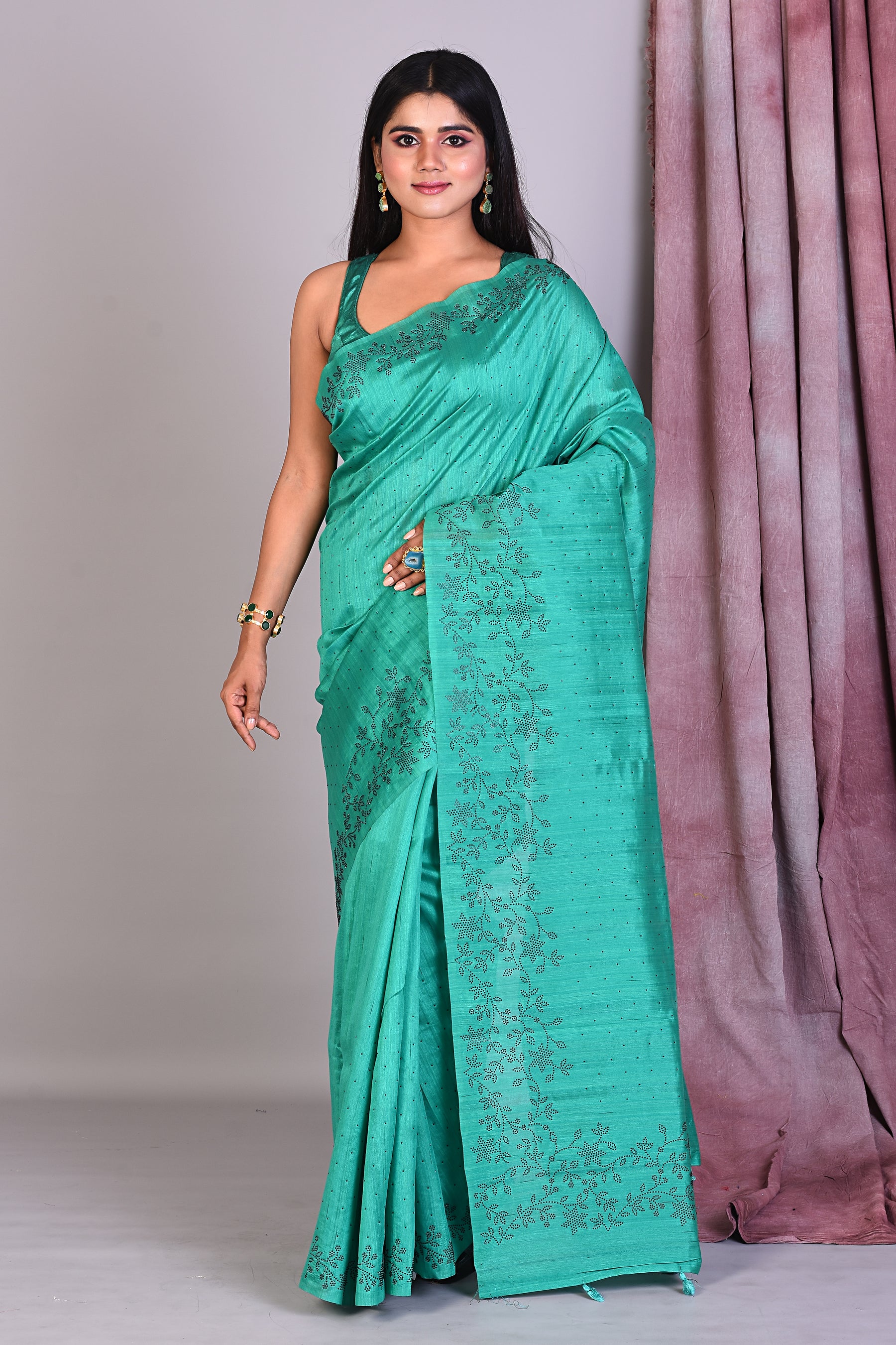 Rama Green Blended Silk Saree with Sequence work - Keya Seth Exclusive