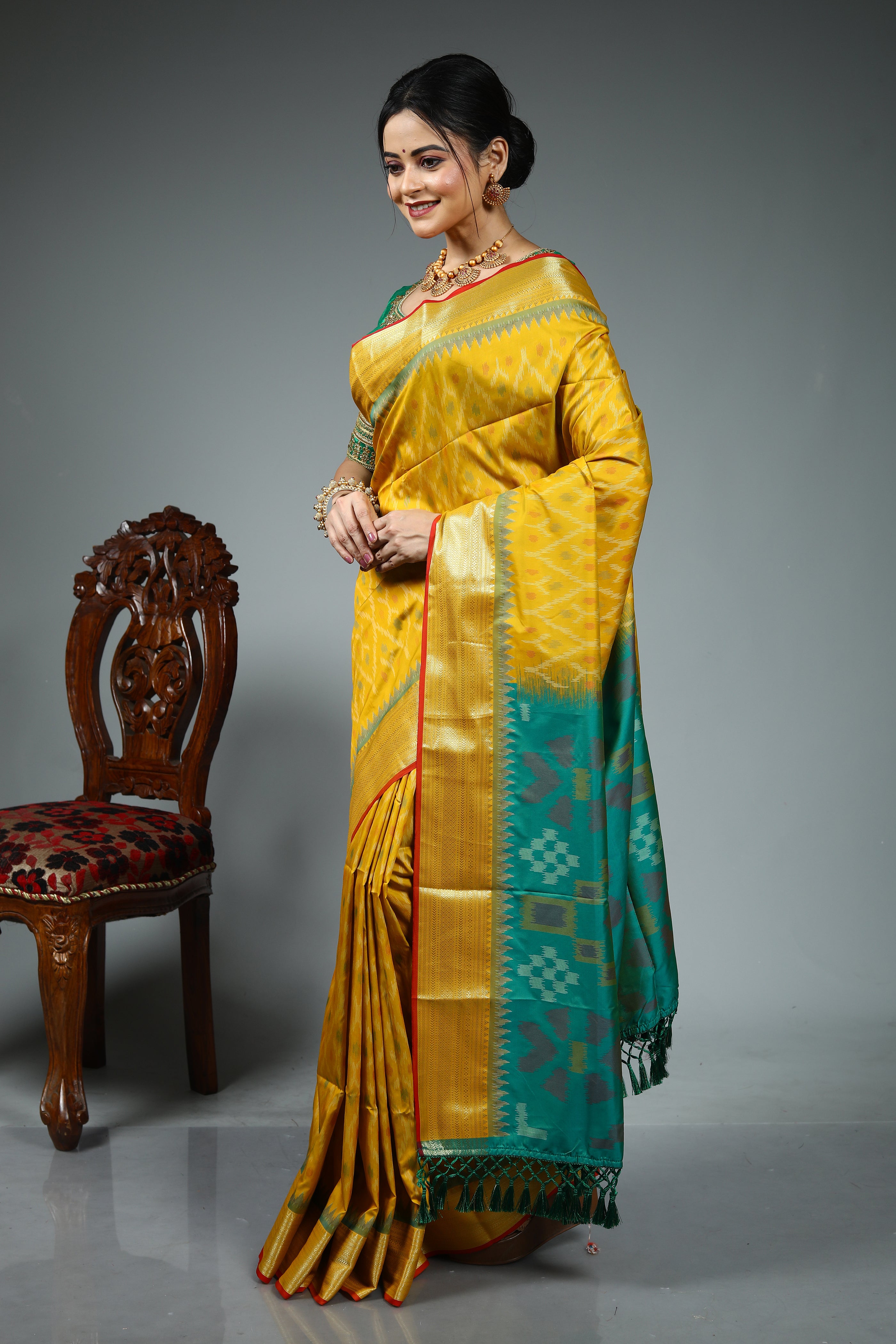 Yellow Blended Ikkat Silk Saree