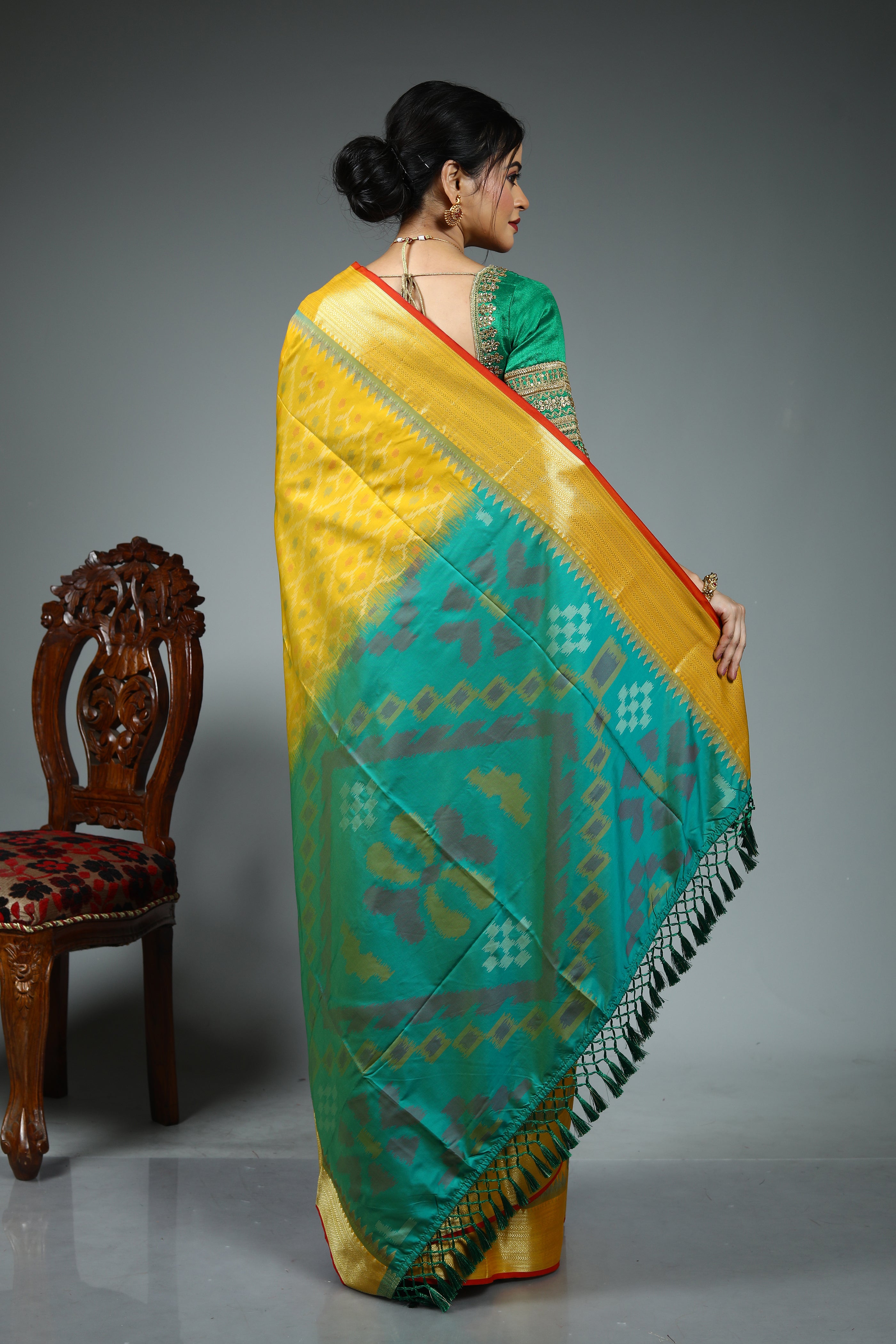 Yellow Blended Ikkat Silk Saree