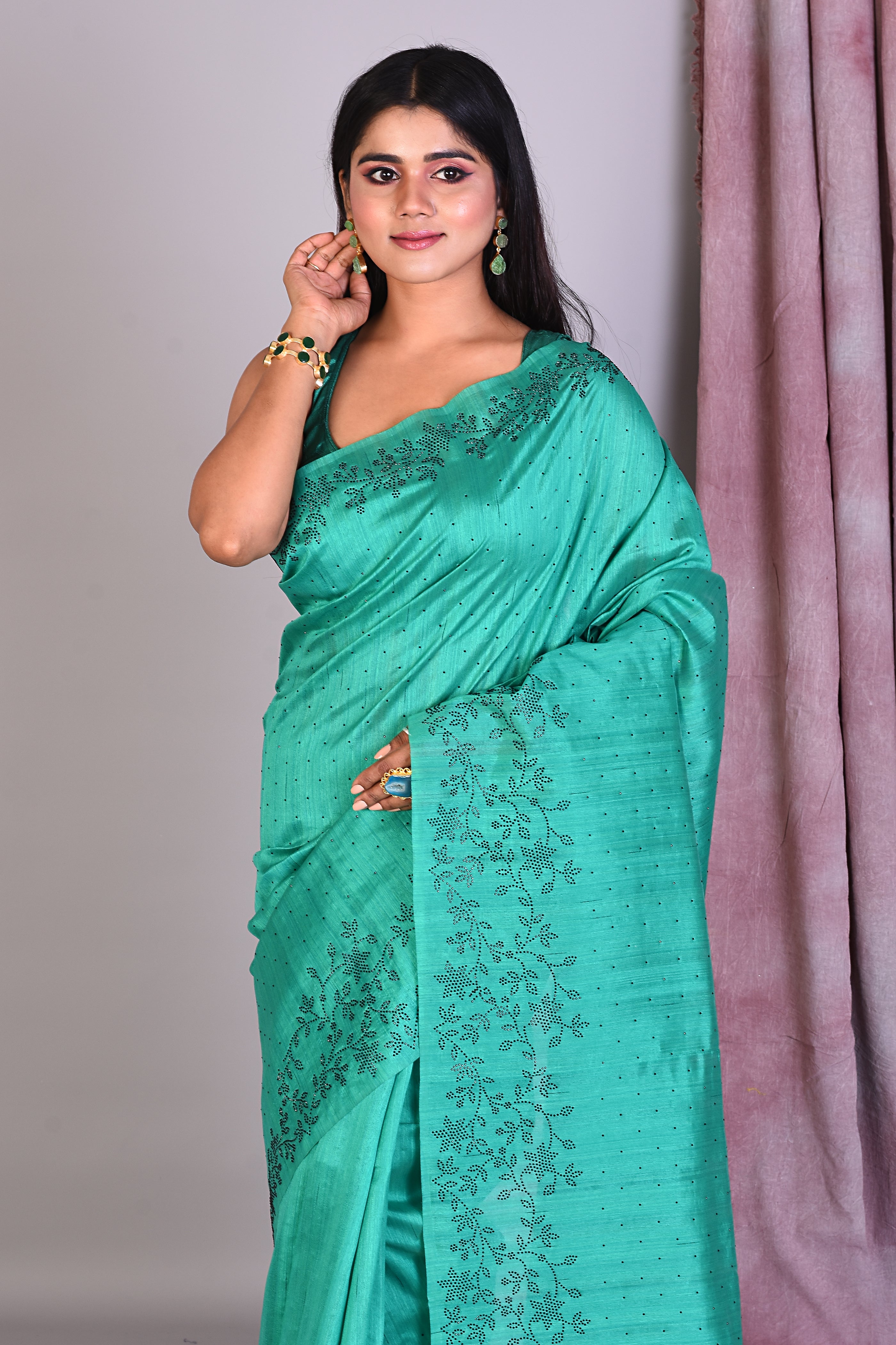 Rama Green Blended Silk Saree with Sequence work - Keya Seth Exclusive