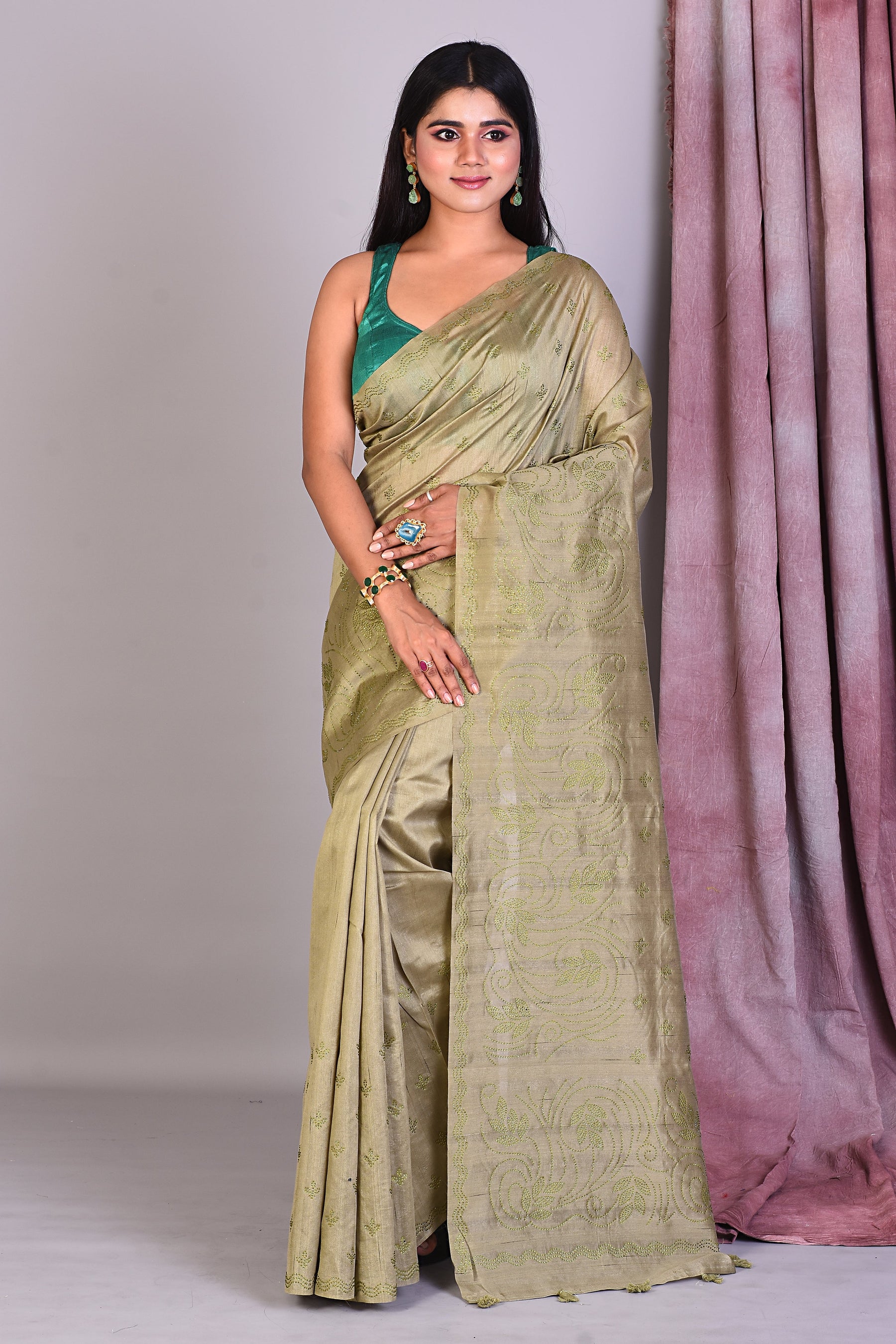 Olive Blended Silk Saree with Sequence Work - Keya Seth Exclusive