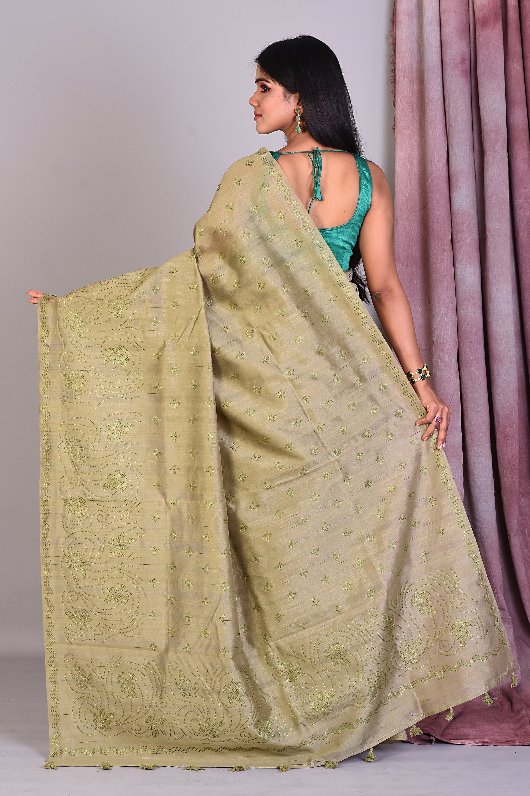 Olive Blended Silk Saree with Sequence Work - Keya Seth Exclusive