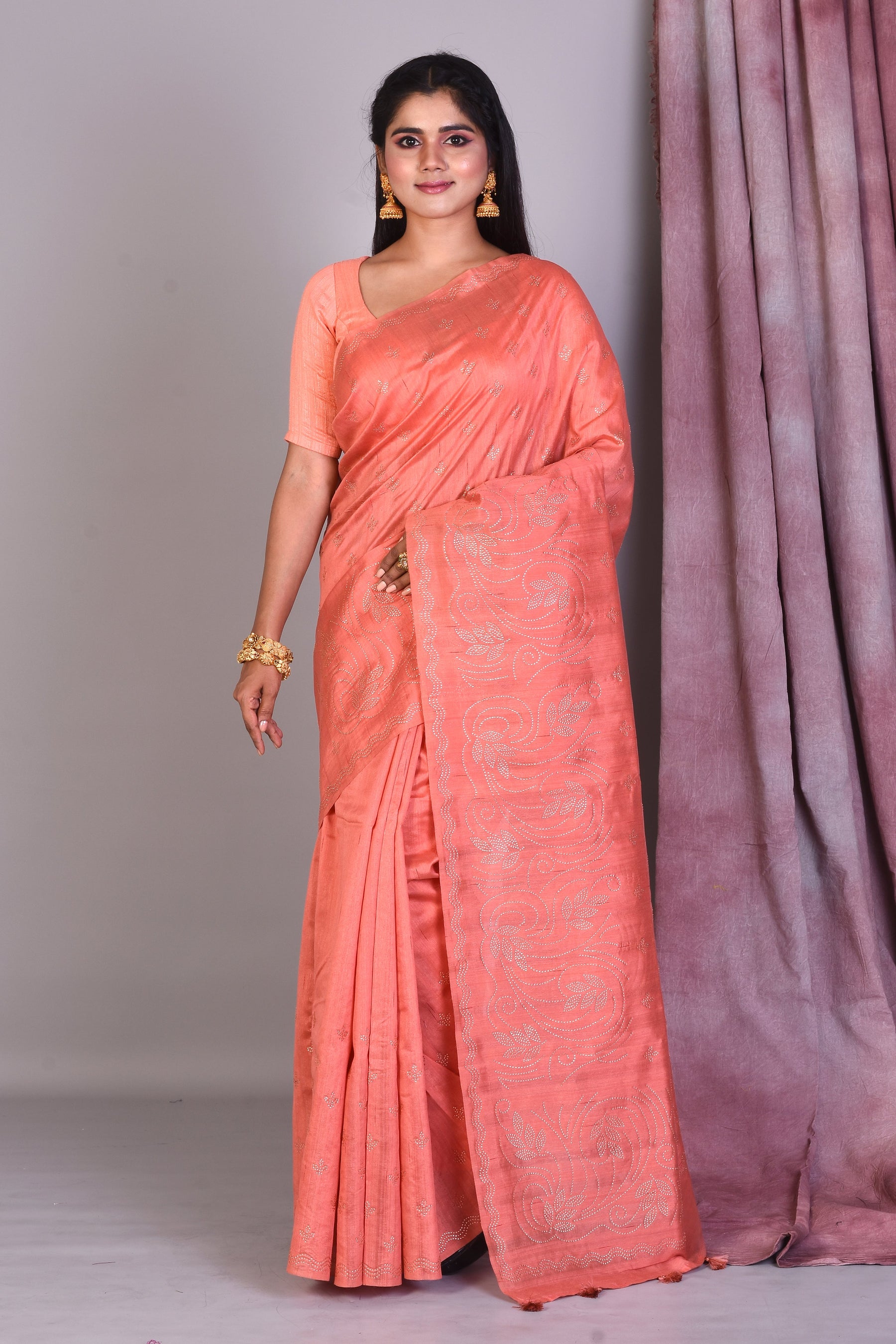 Peach Blended Silk Saree with Sequence Work - Keya Seth Exclusive