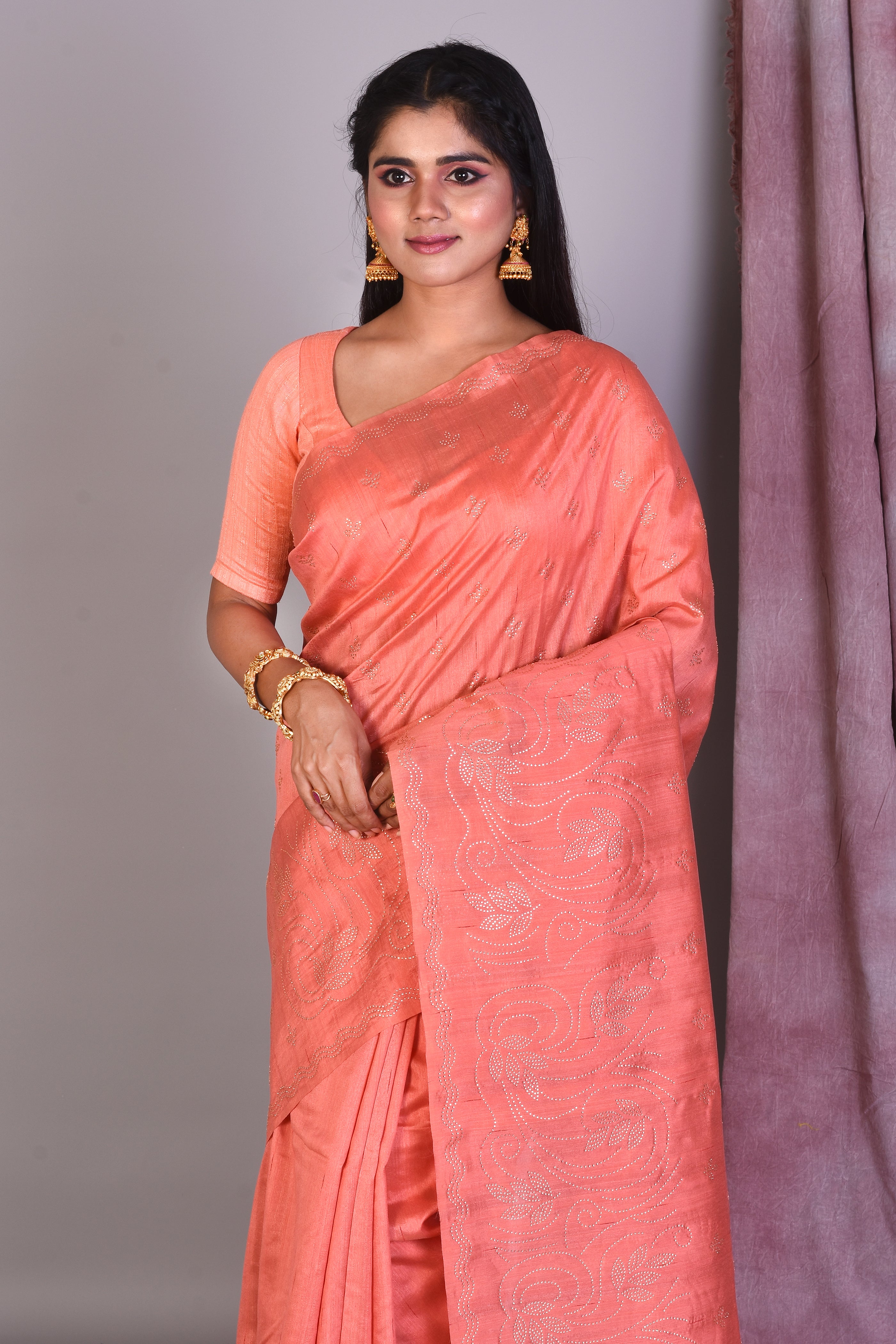 Peach Blended Silk Saree with Sequence Work - Keya Seth Exclusive