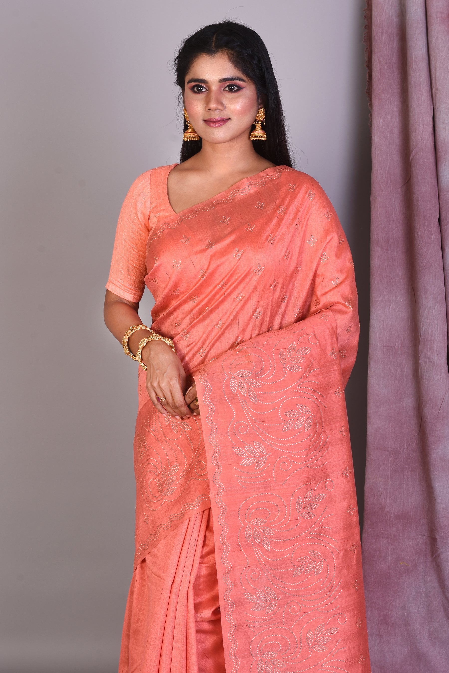 Peach Blended Silk Saree with Sequence Work - Keya Seth Exclusive