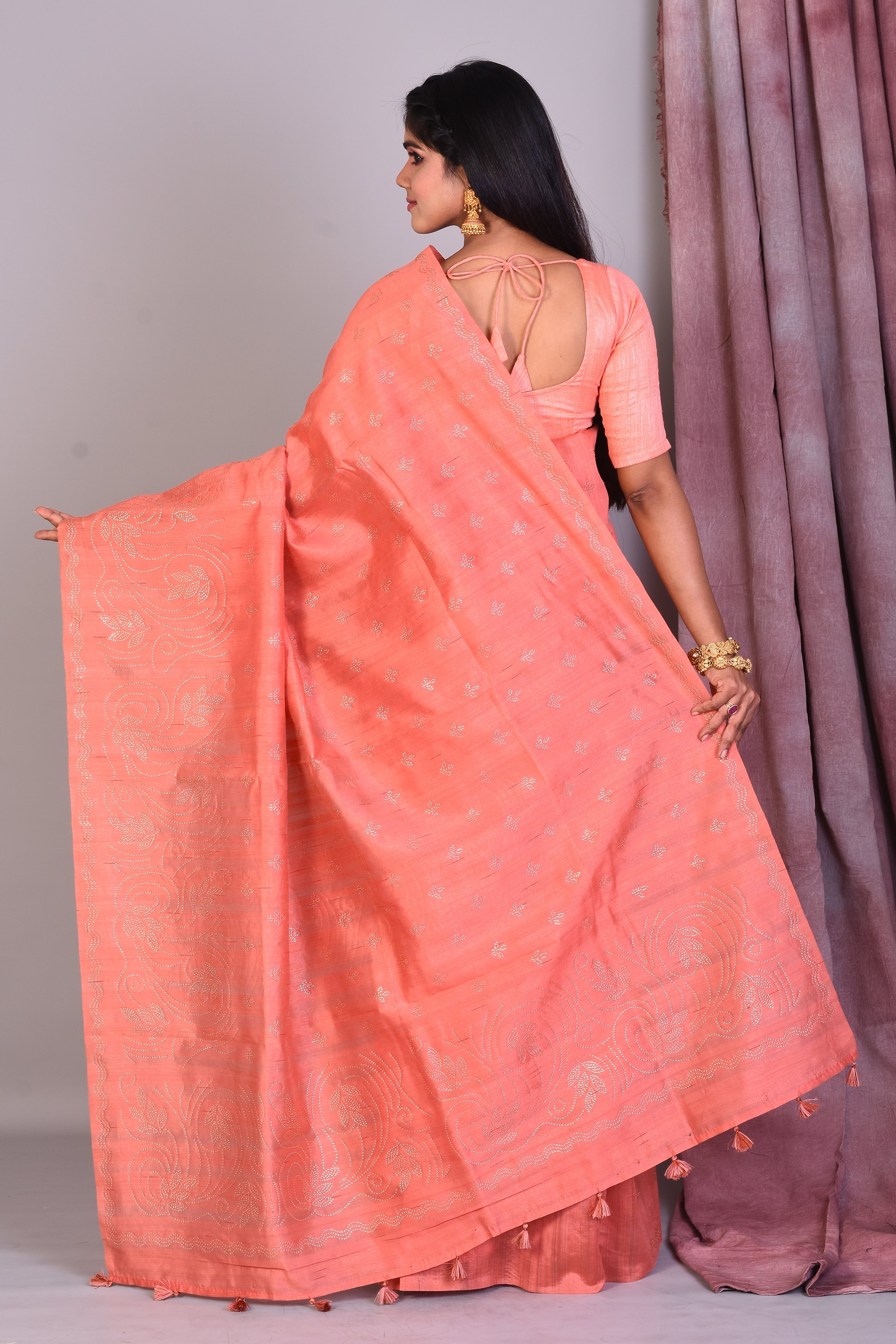 Peach Blended Silk Saree with Sequence Work - Keya Seth Exclusive