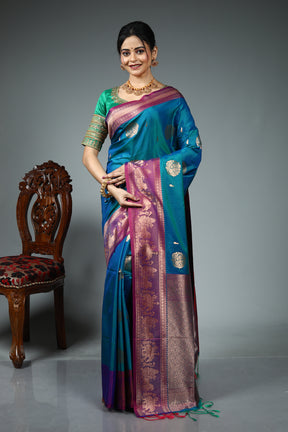 Dual Tone Blue Katan Silk Saree