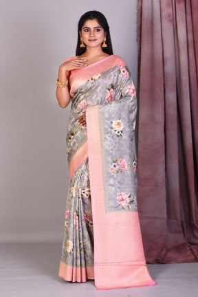 Grey Blended Silk Saree with Pink Borders - Keya Seth Exclusive