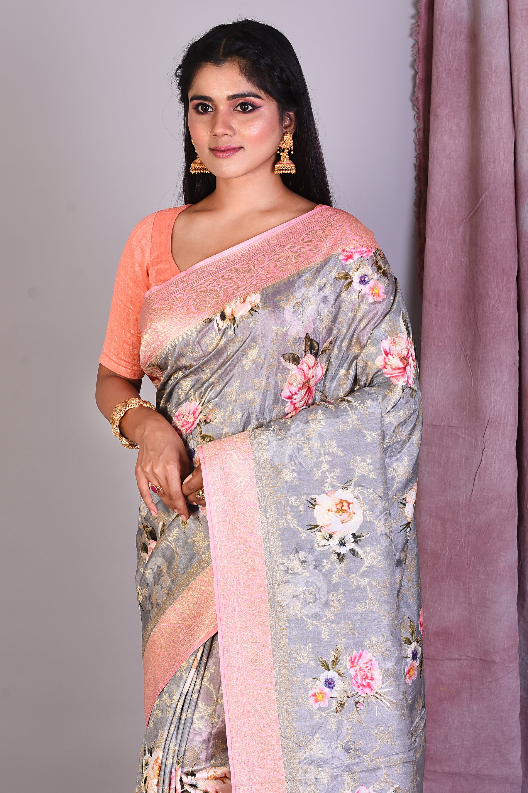 Grey Blended Silk Saree with Pink Borders - Keya Seth Exclusive