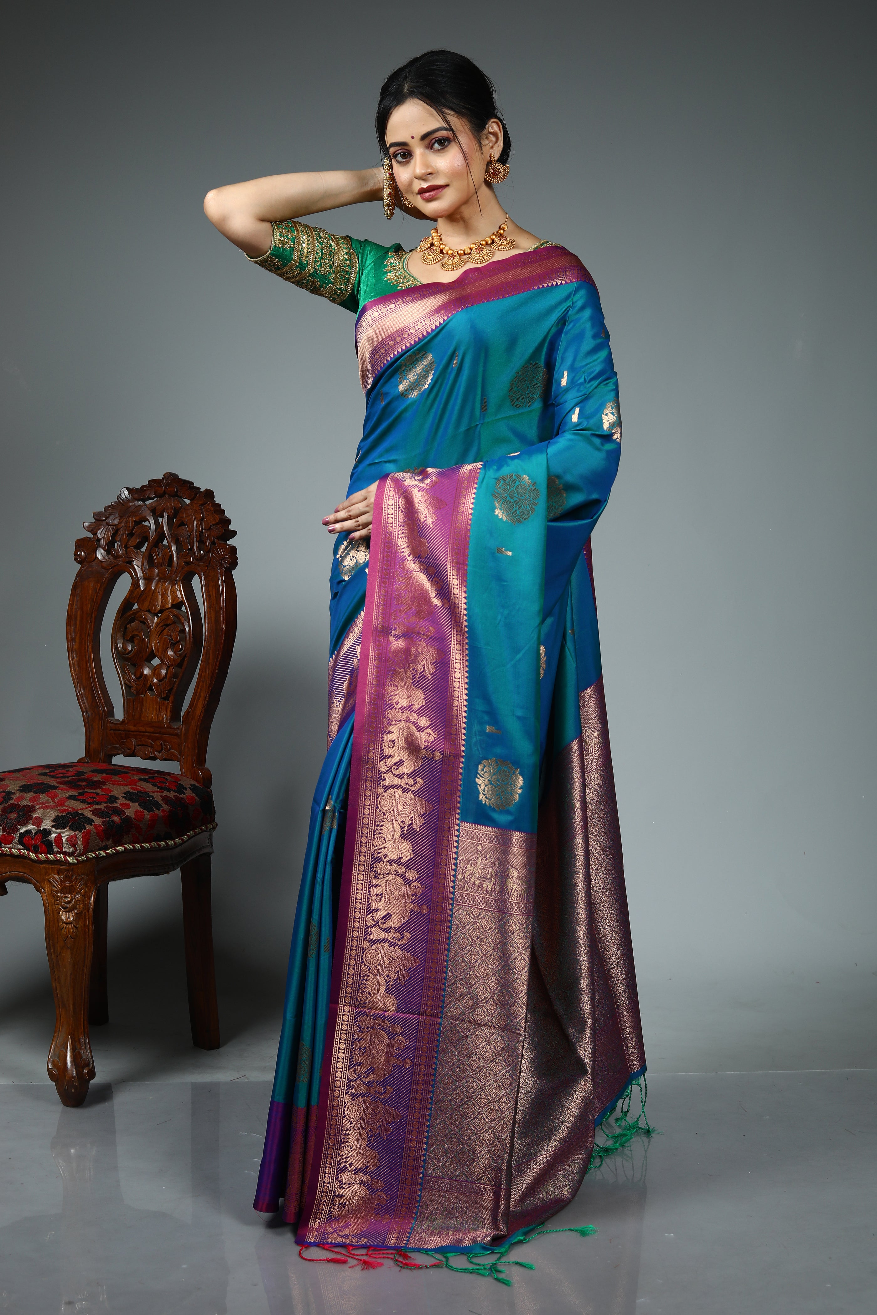 Dual Tone Blue Katan Silk Saree