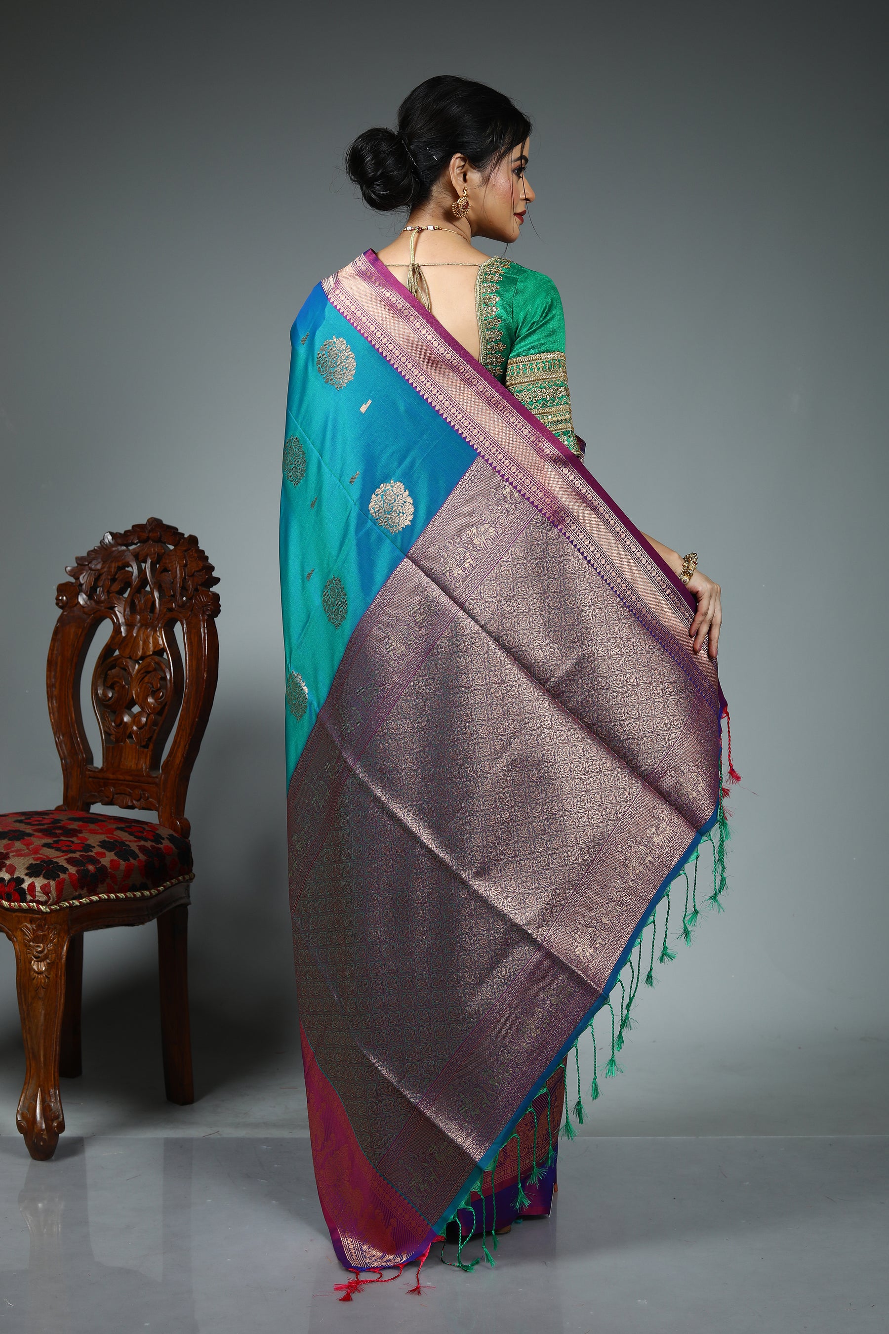 Dual Tone Blue Katan Silk Saree