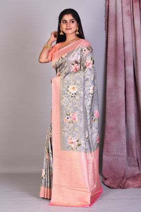 Grey Blended Silk Saree with Pink Borders - Keya Seth Exclusive