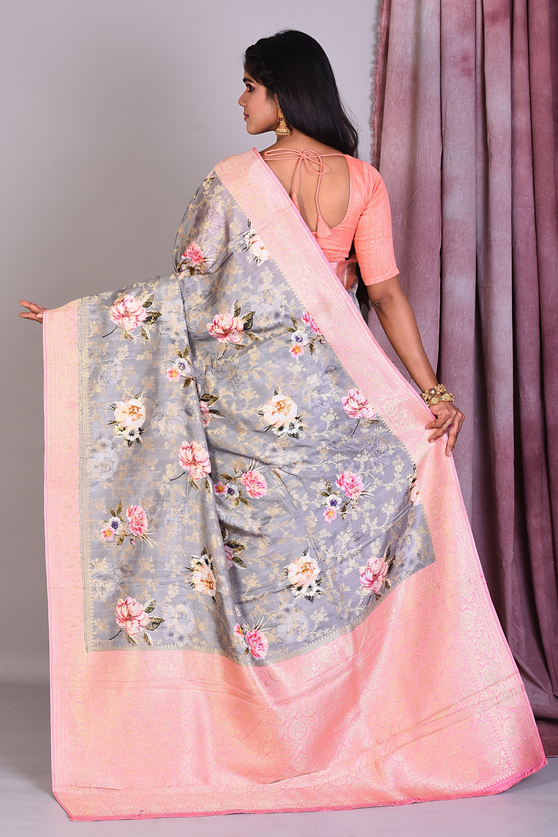 Grey Blended Silk Saree with Pink Borders - Keya Seth Exclusive