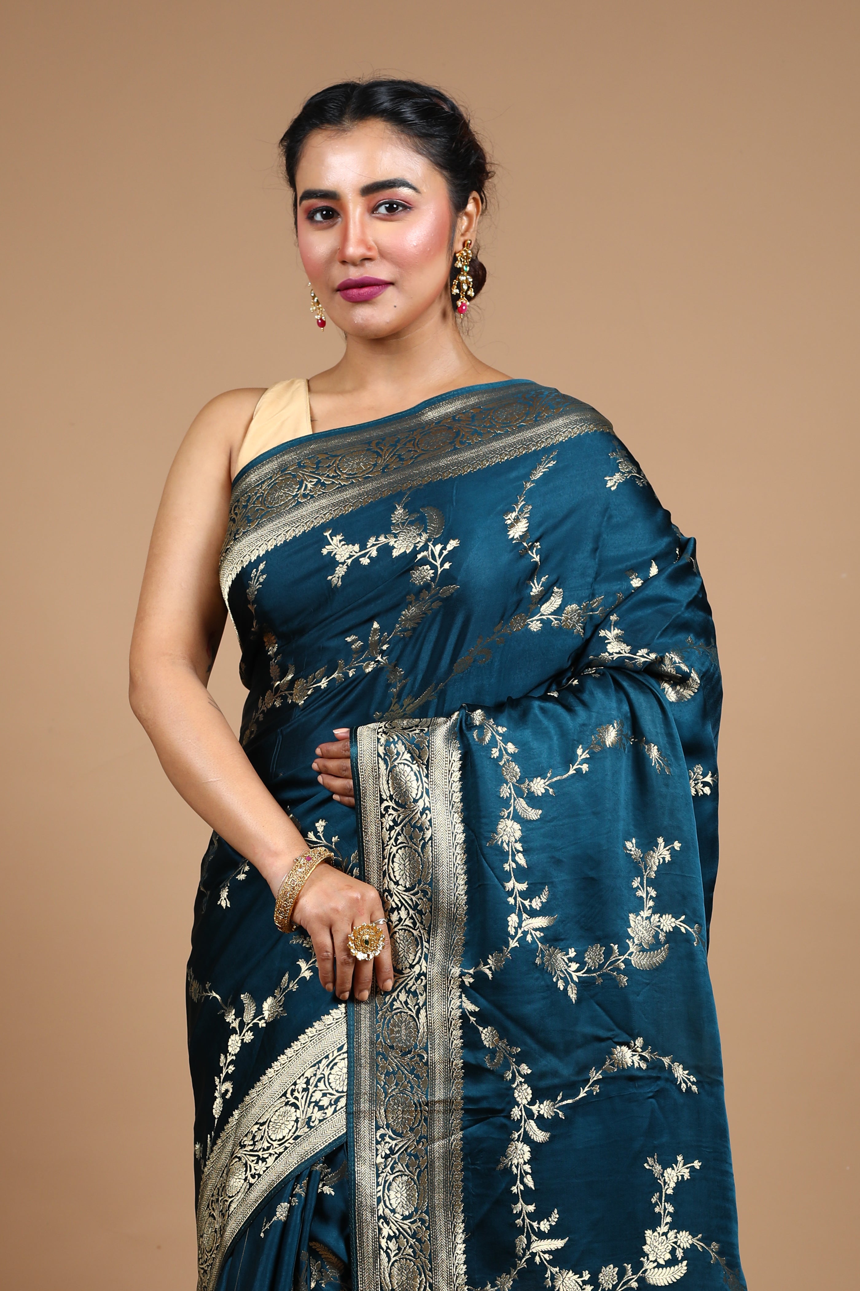 Rama Green Blended Satin Silk Saree