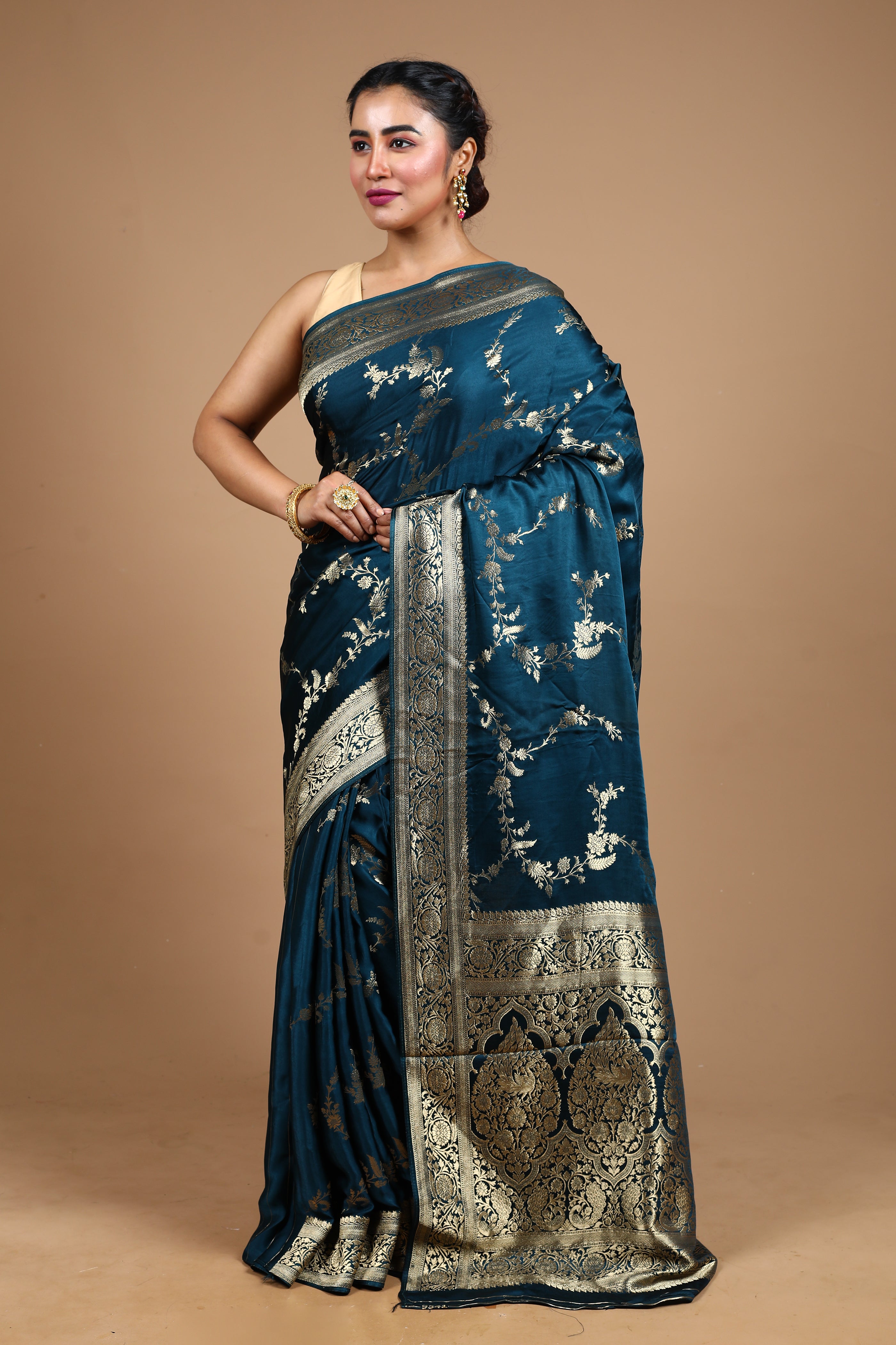 Rama Green Blended Satin Silk Saree