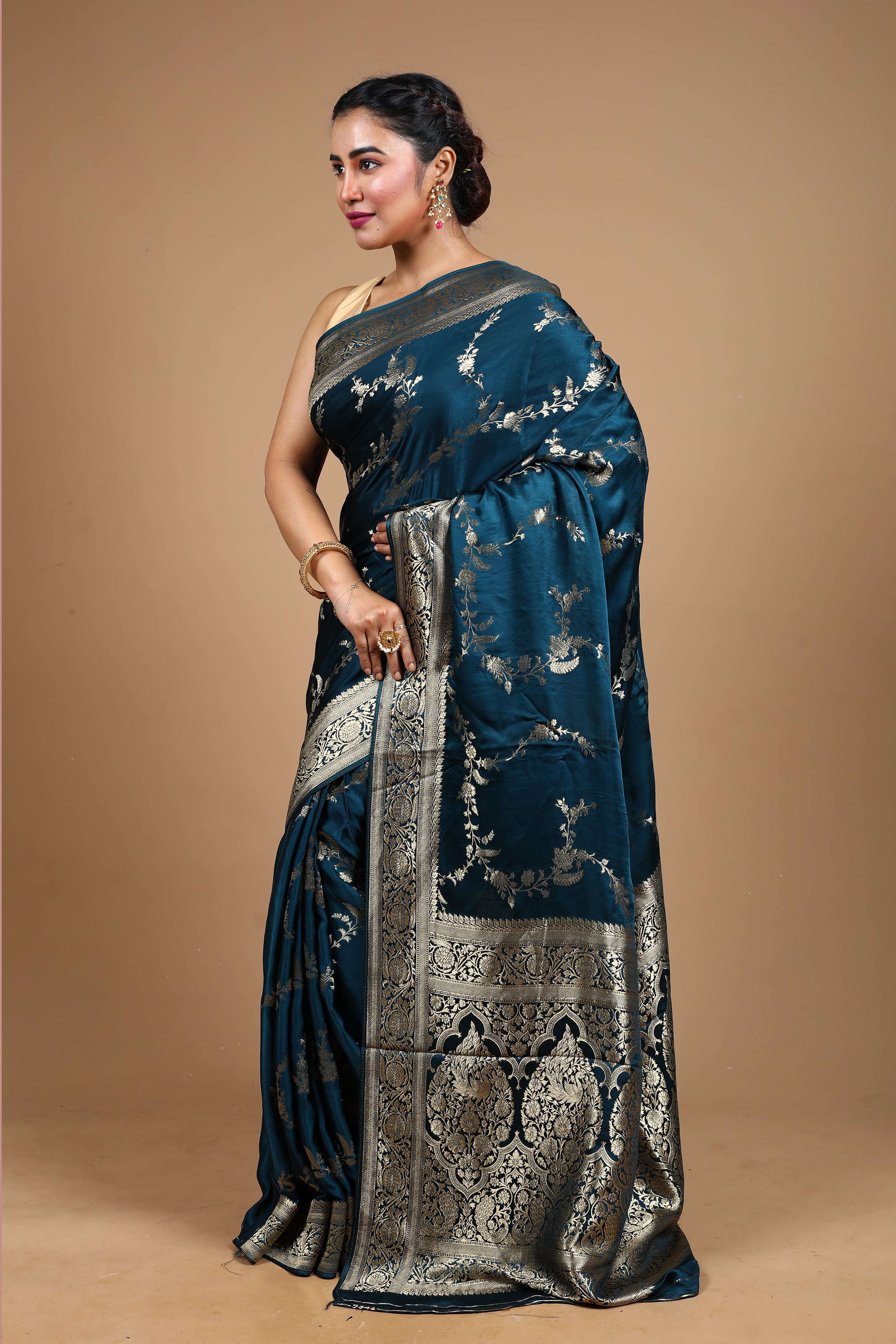 Rama Green Blended Satin Silk Saree