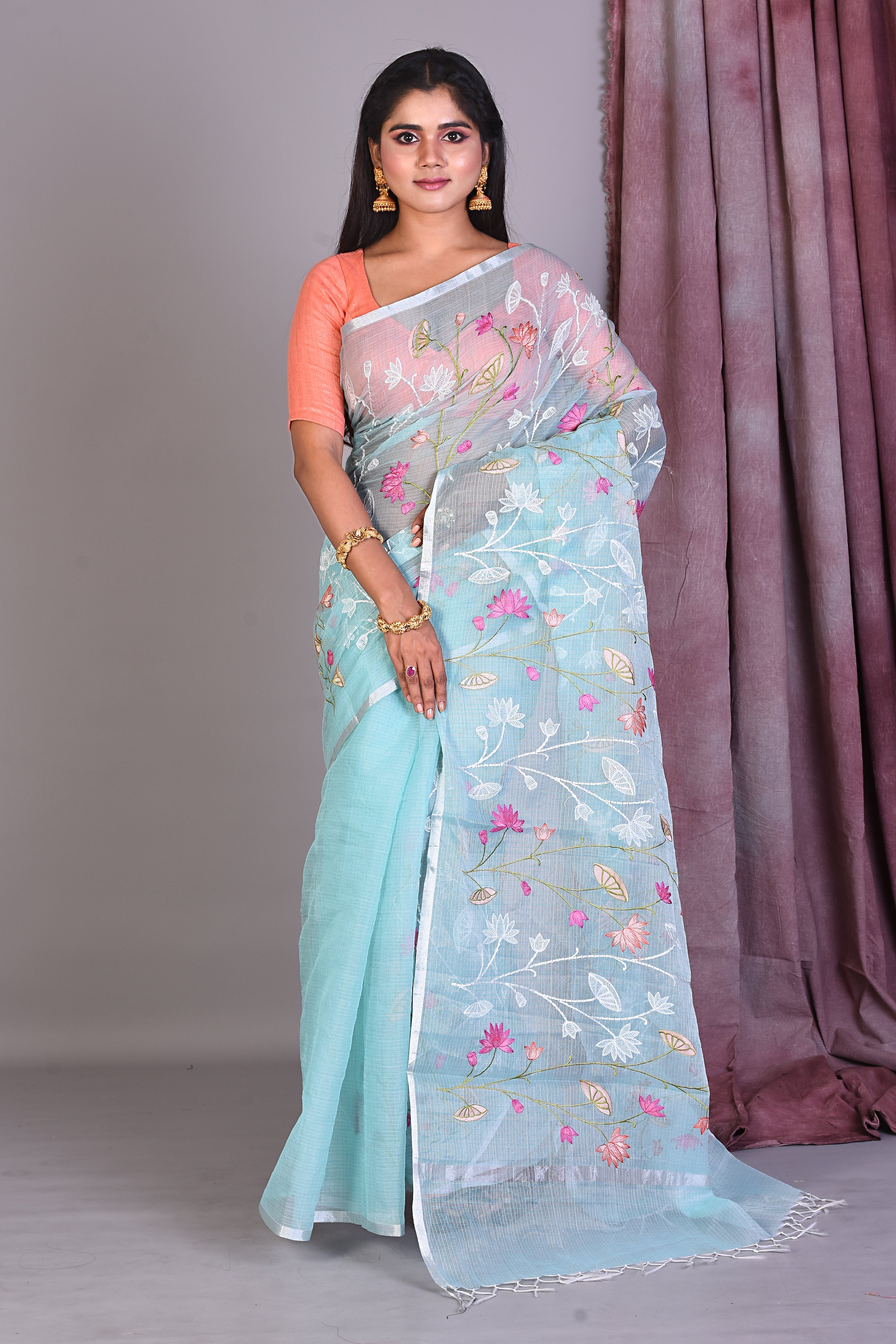 Sea Green Blended Kota Saree with Floral Works - Keya Seth Exclusive