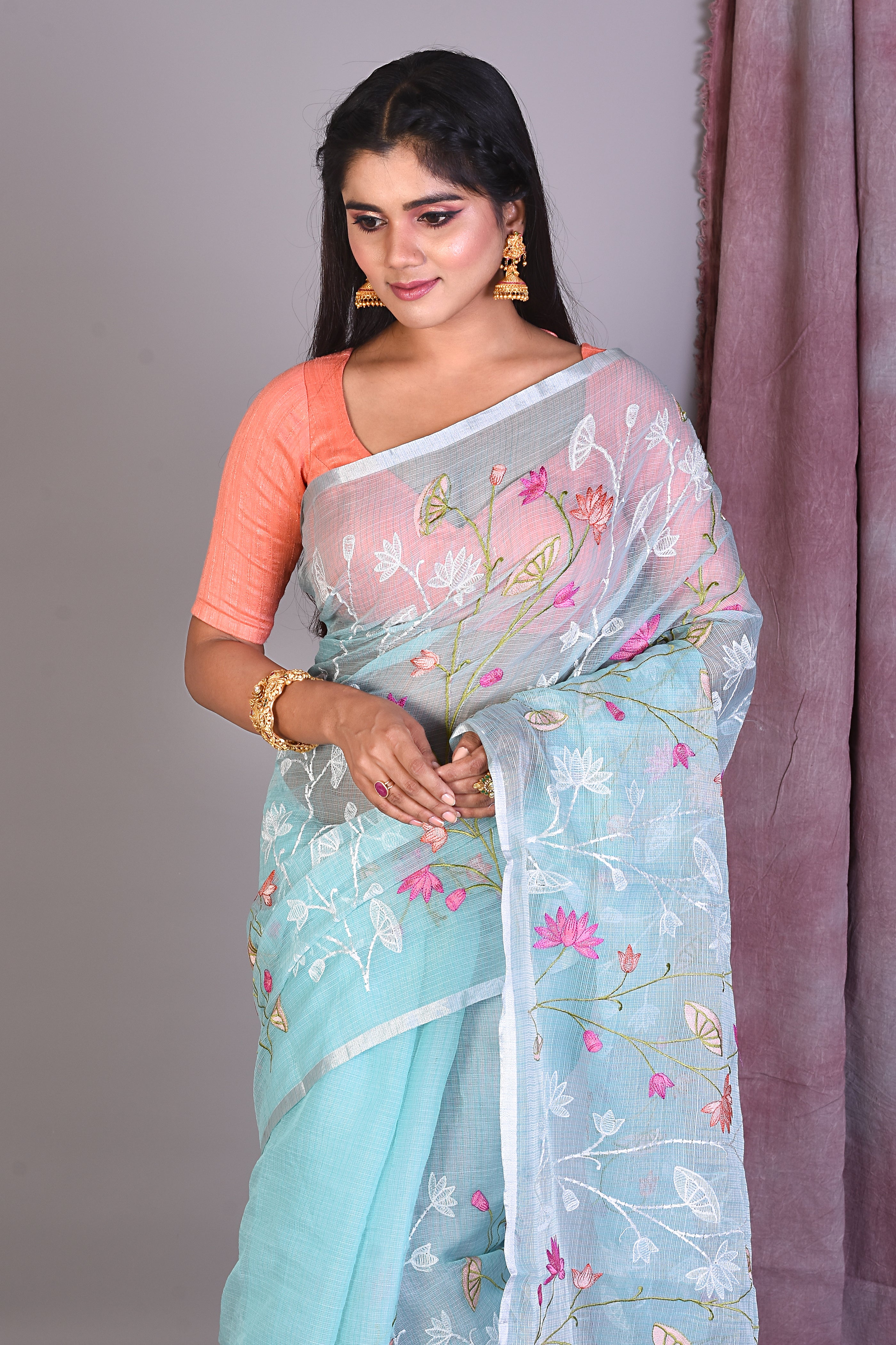 Sea Green Blended Kota Saree with Floral Works - Keya Seth Exclusive