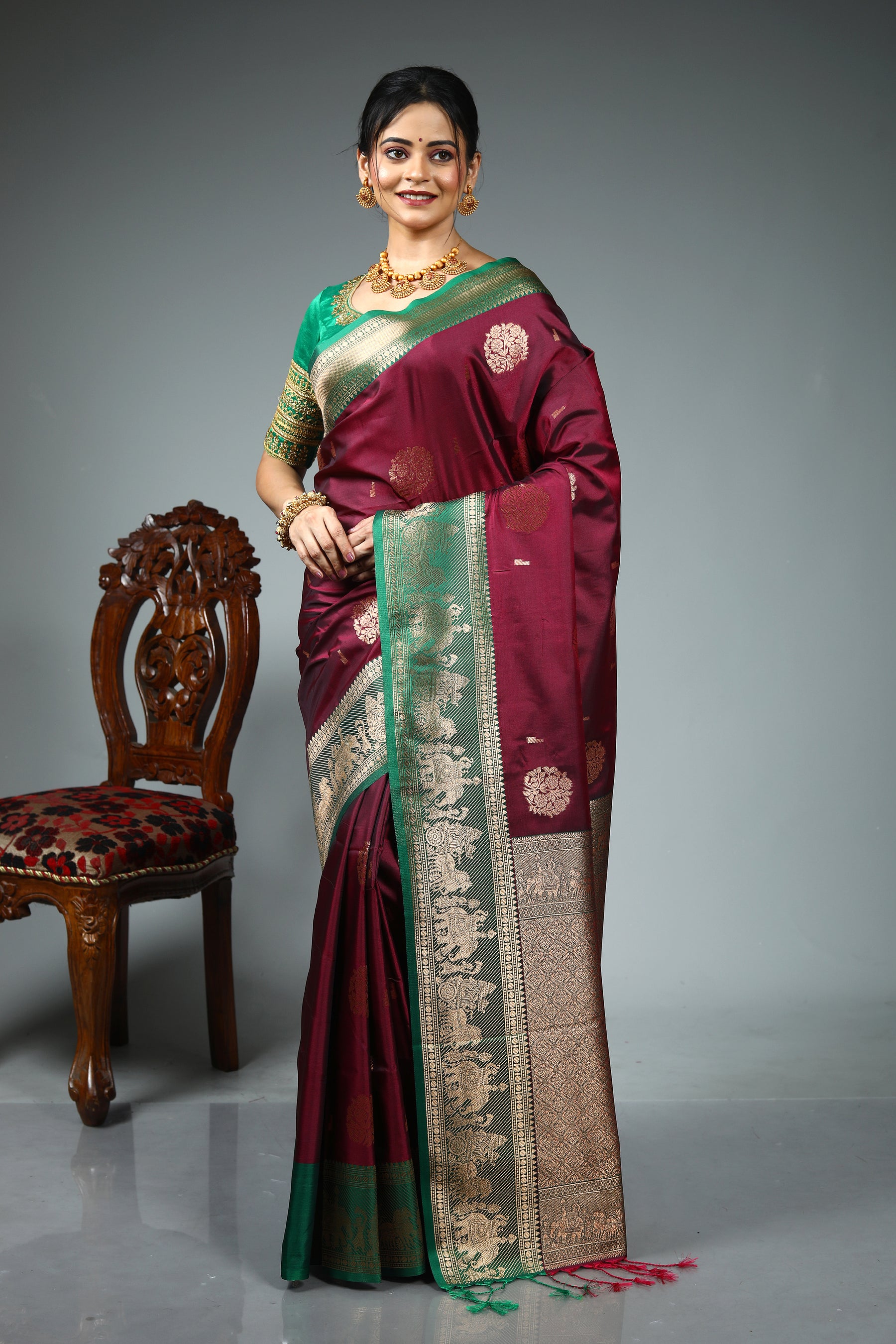 Wine Blended Katan Silk Saree