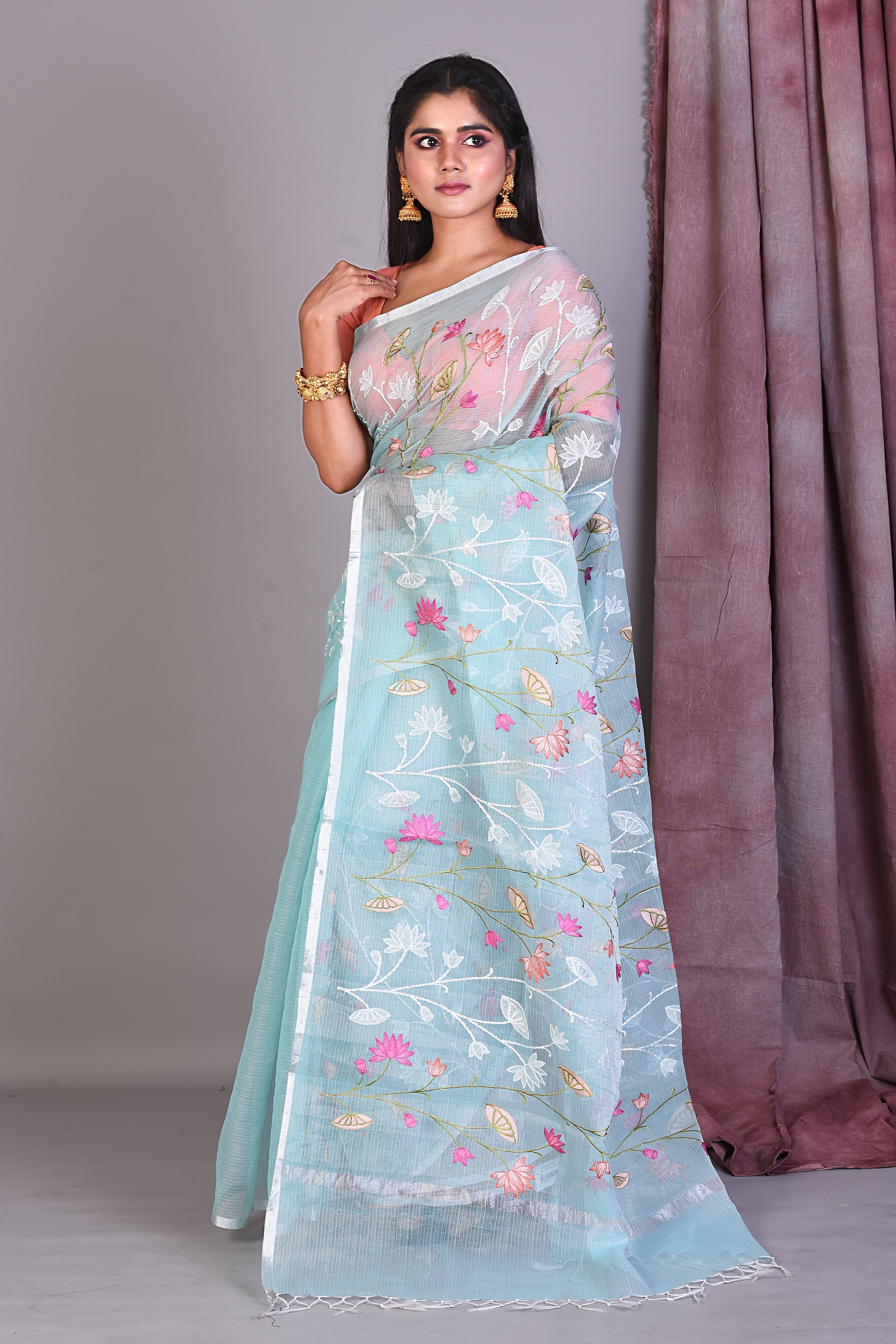 Sea Green Blended Kota Saree with Floral Works - Keya Seth Exclusive