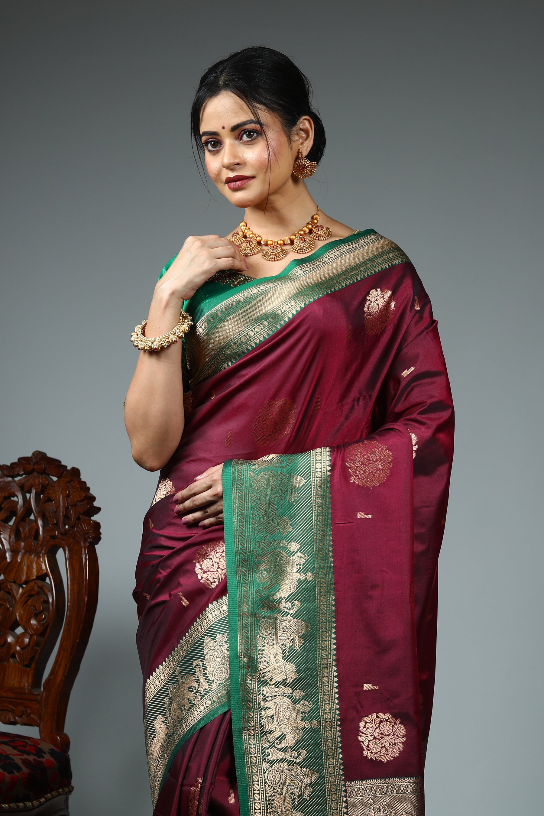 Wine Blended Katan Silk Saree