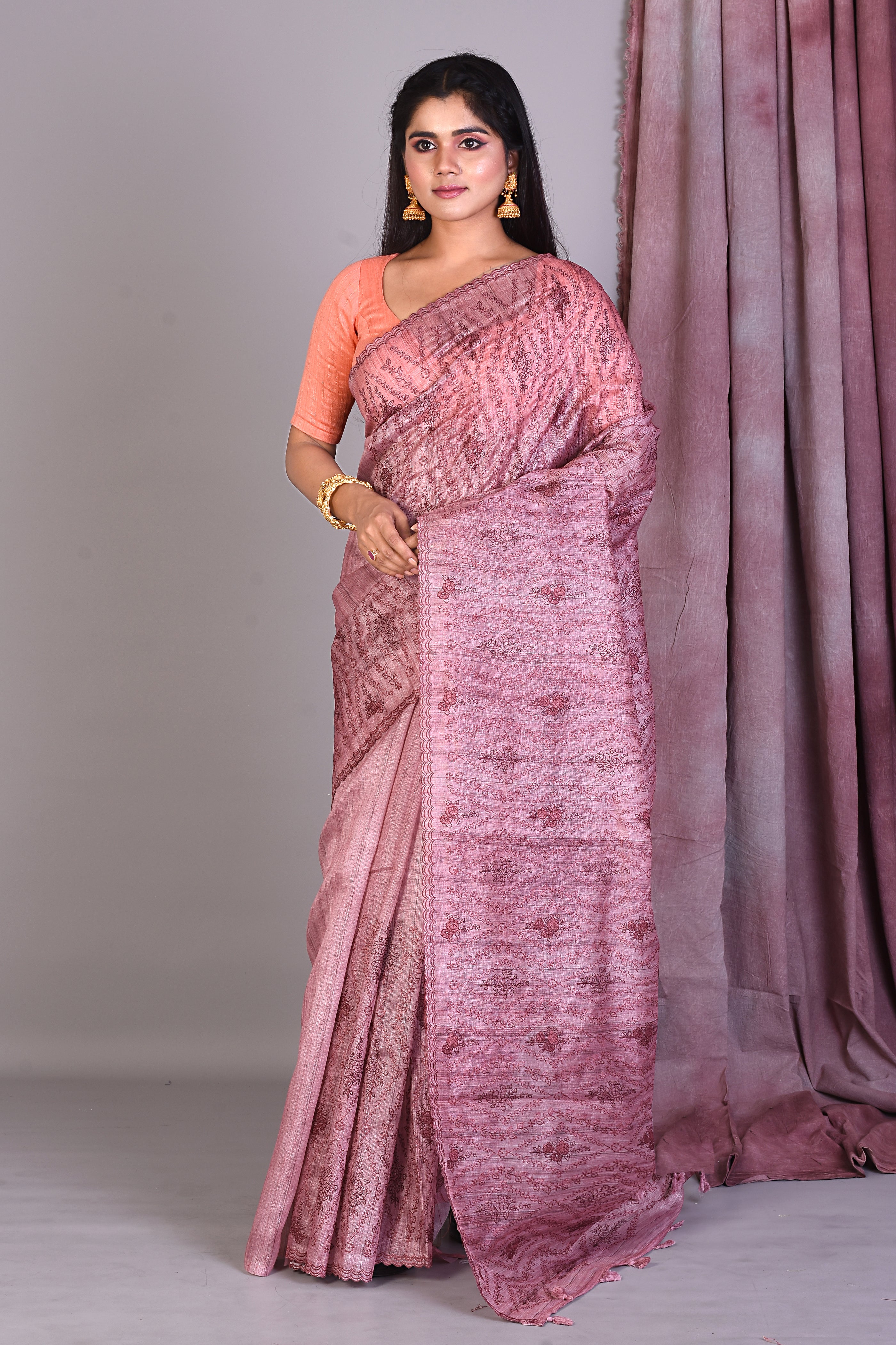 Light Pink Blended Tussar Saree with Threadworks - Keya Seth Exclusive