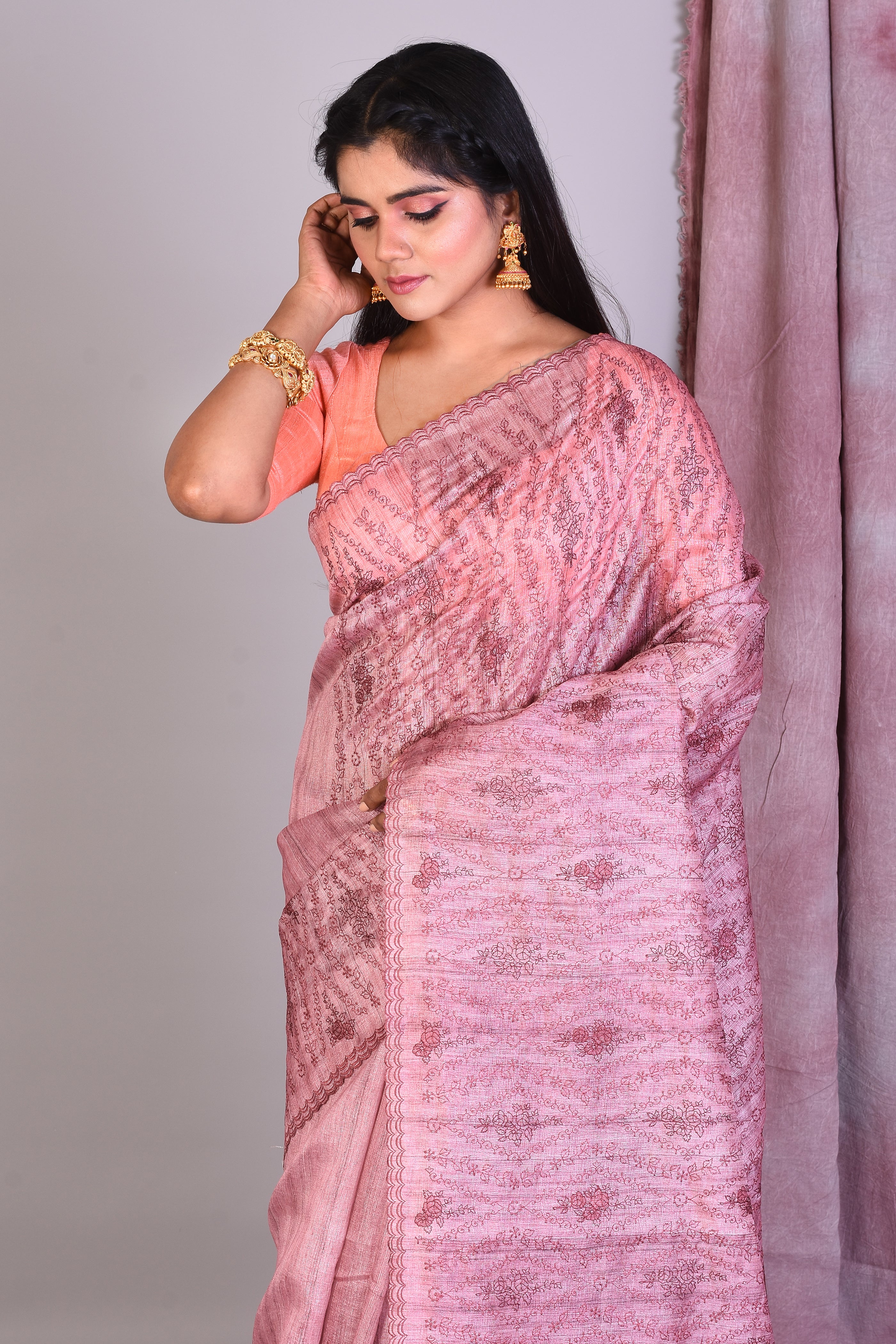 Light Pink Blended Tussar Saree with Threadworks - Keya Seth Exclusive