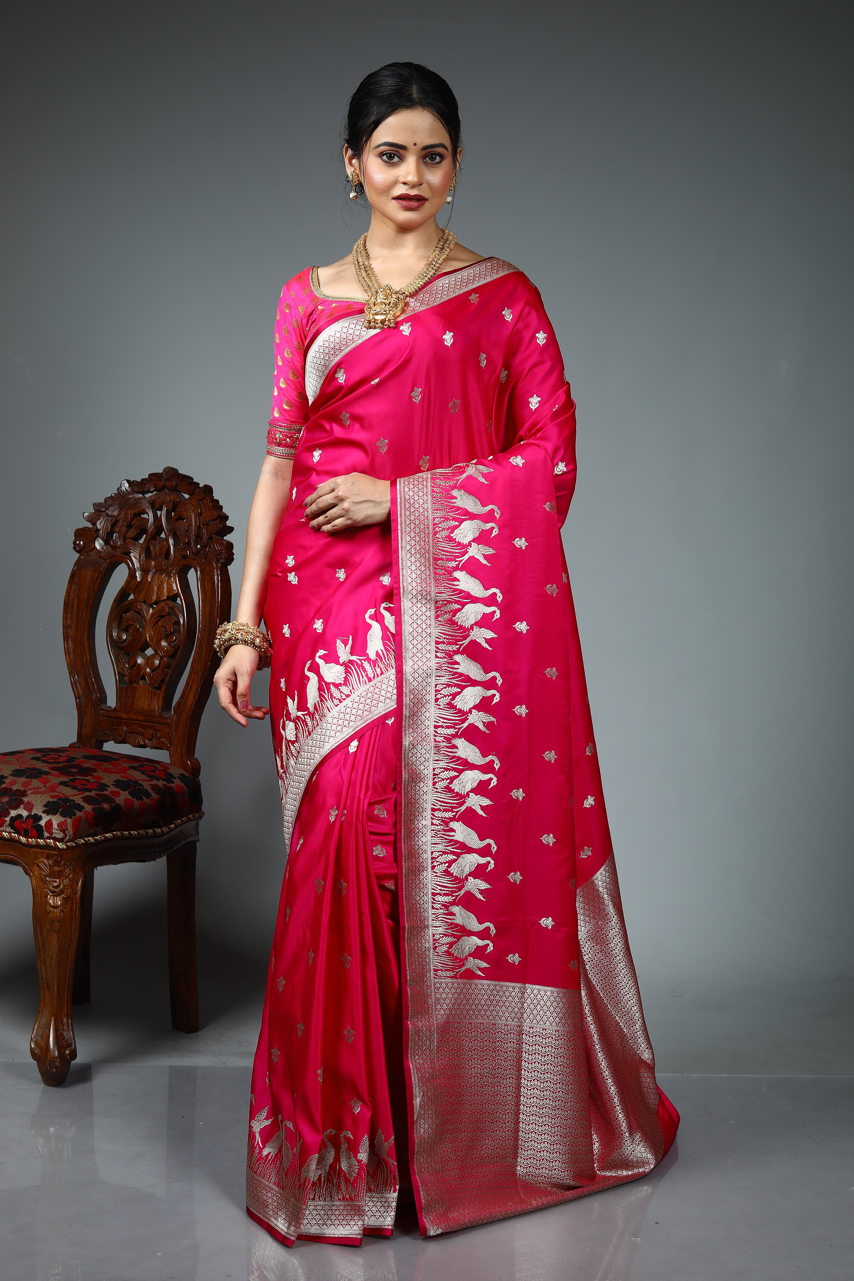 Deep Pink Blended Katan Silk Saree