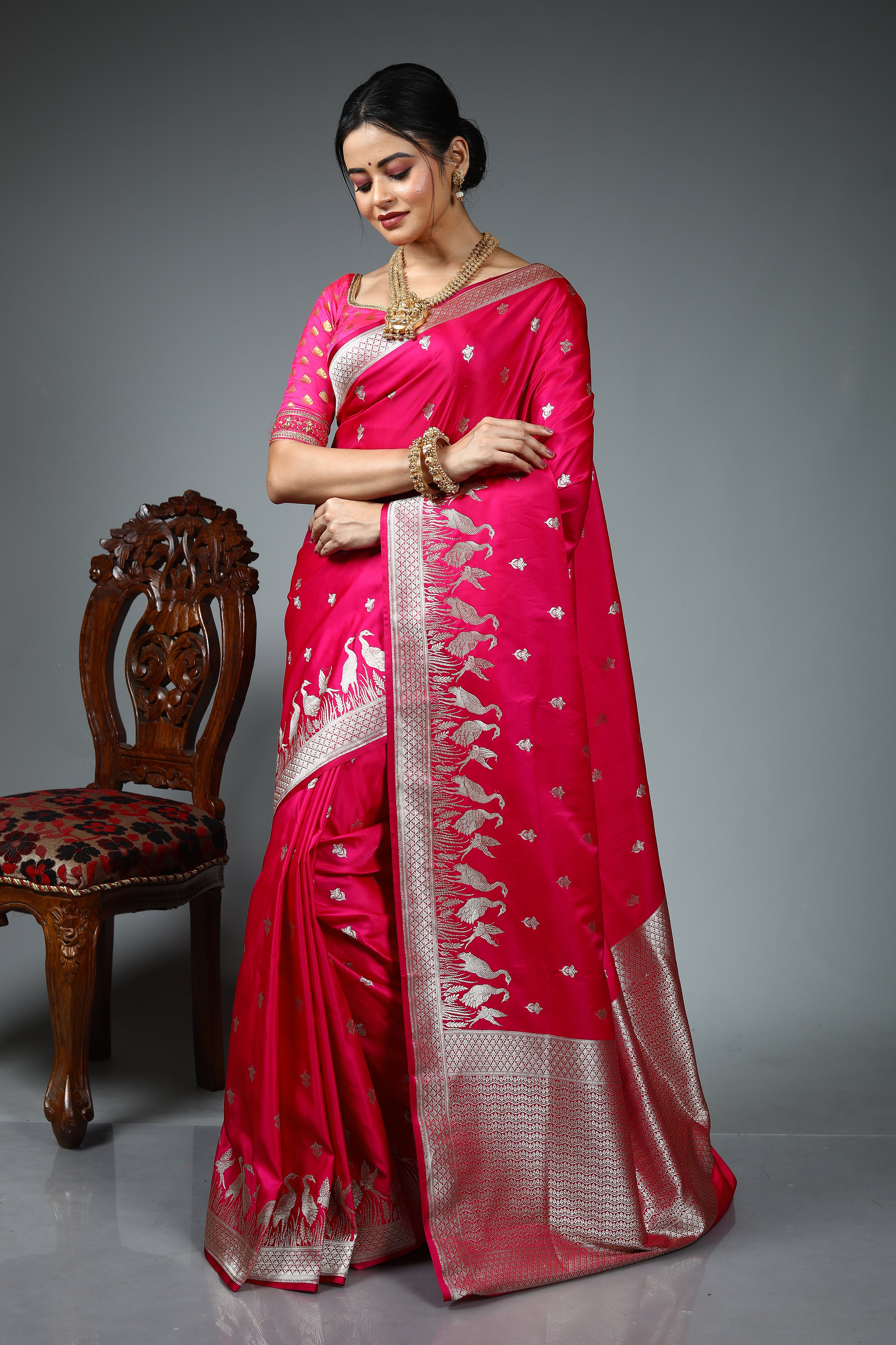 Deep Pink Blended Katan Silk Saree