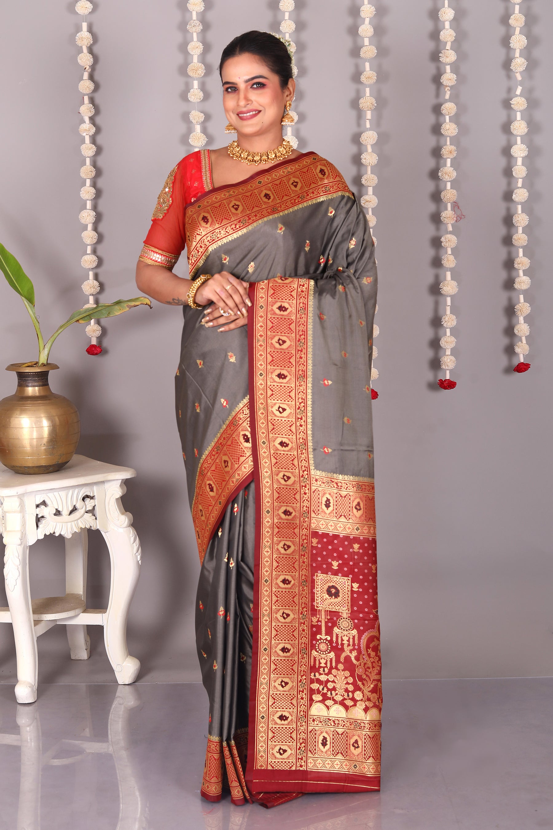 Grey Blended Katan Silk Saree - Keya Seth Exclusive