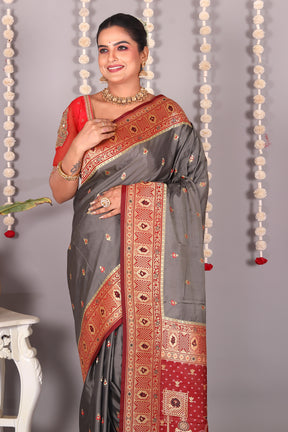 Grey Blended Katan Silk Saree - Keya Seth Exclusive