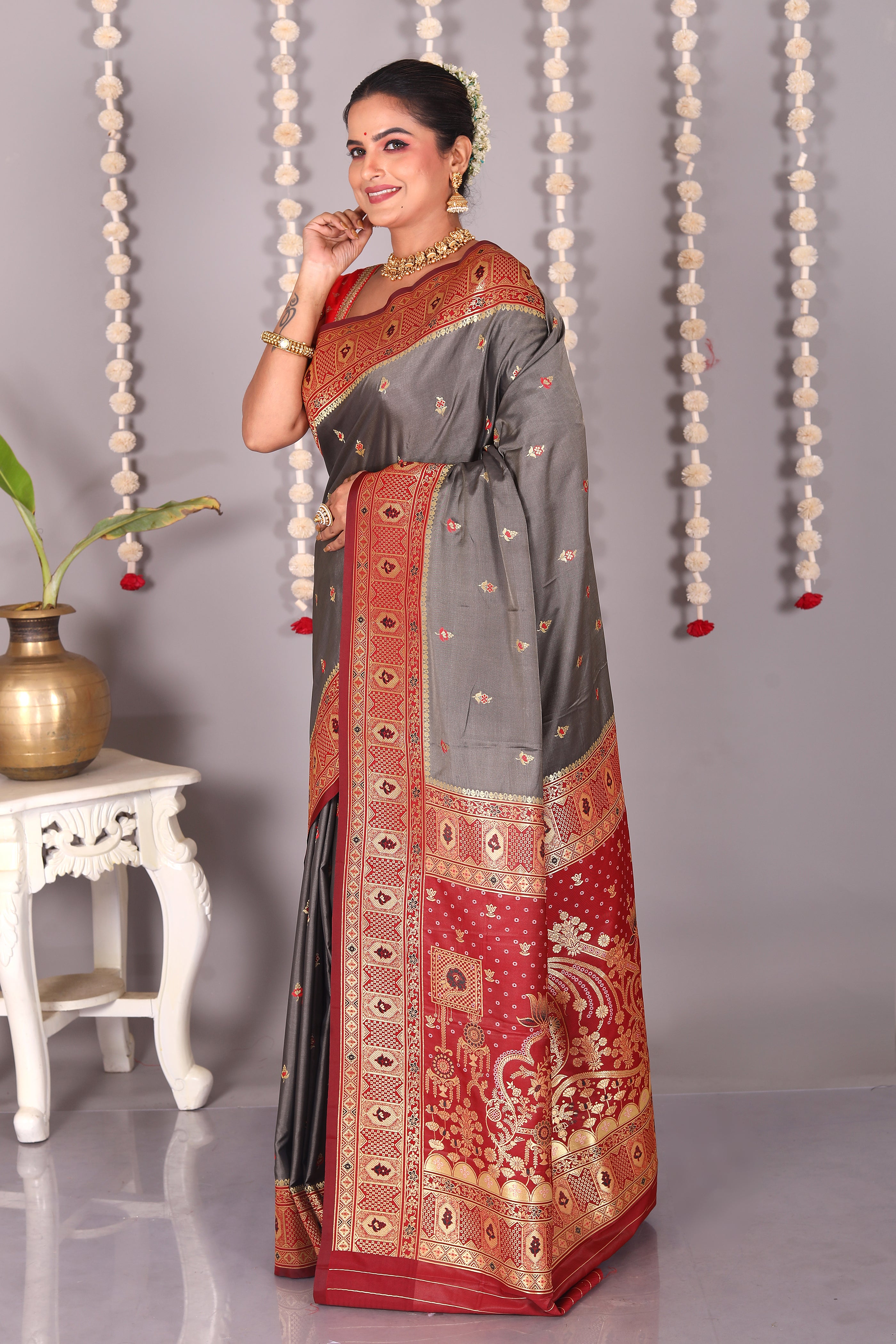 Grey Blended Katan Silk Saree - Keya Seth Exclusive
