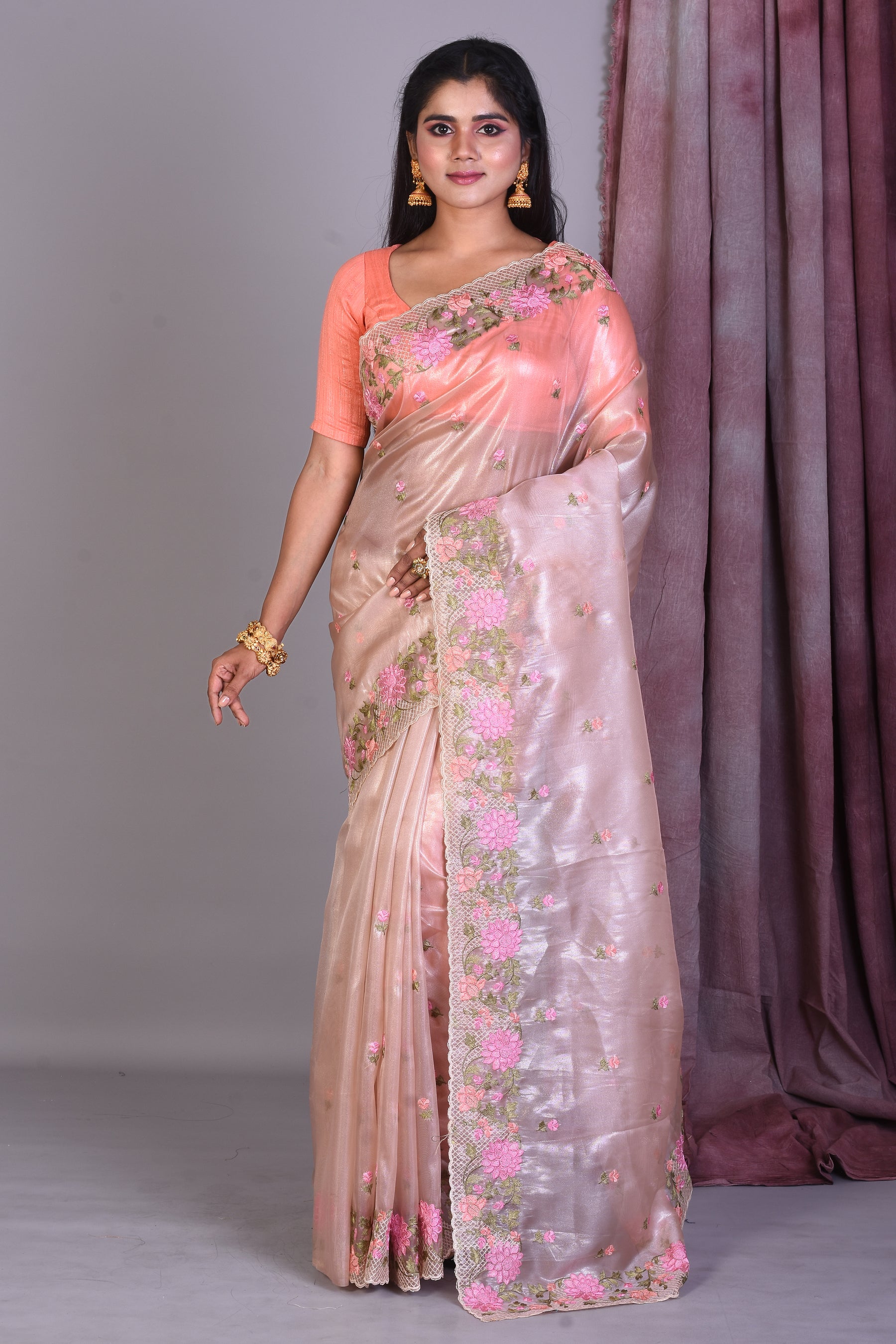 Light Peach Blended Organza Saree with Threadworks - Keya Seth Exclusive